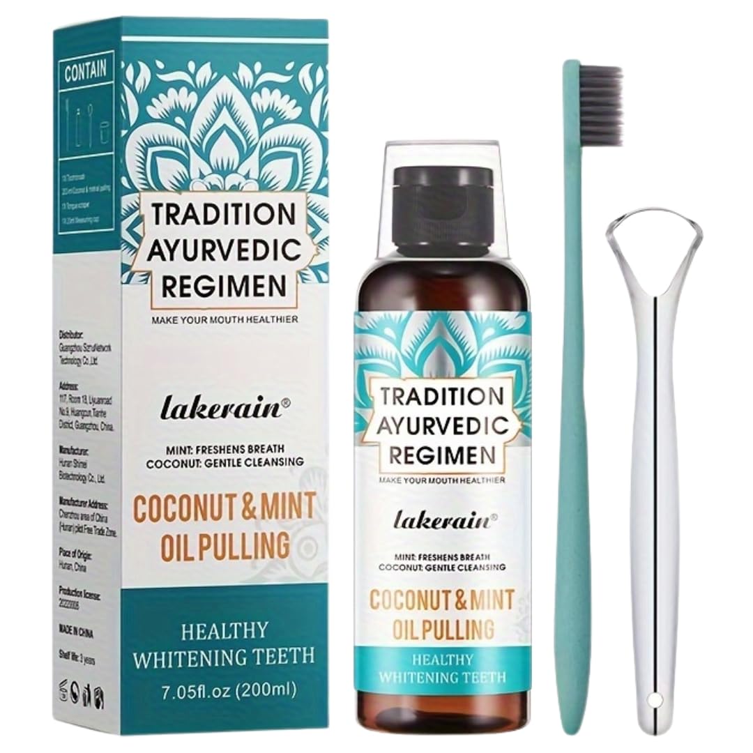NIKITA.VIVI - Oil Pulling with Coconut Oil & Peppermint 200ml | Oil Pulling Teeth Whitening Coconut Oil Pulling Mouthwash with Tongue Scraper & Brush | Natural Oil Pulling for Healthier Teeth & Gum