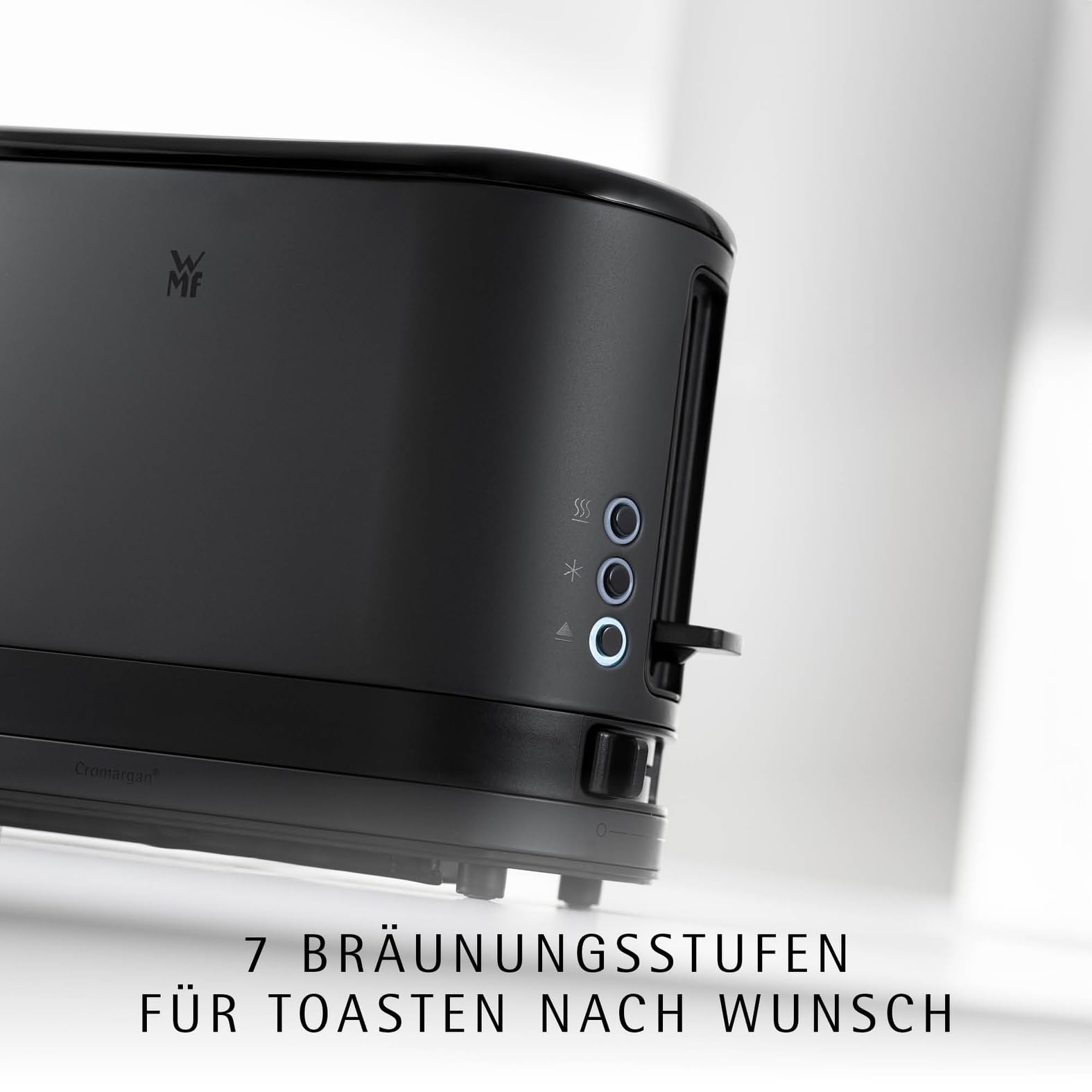 WMF Küchenminis toster 1 kromkowy z nasadką do bułek, na 1 szybę XXL, funkcja rozmrażania, toster z długim szczeliną z 7 poziomami opiekania, 600 W, stal nierdzewna, czarny matowy