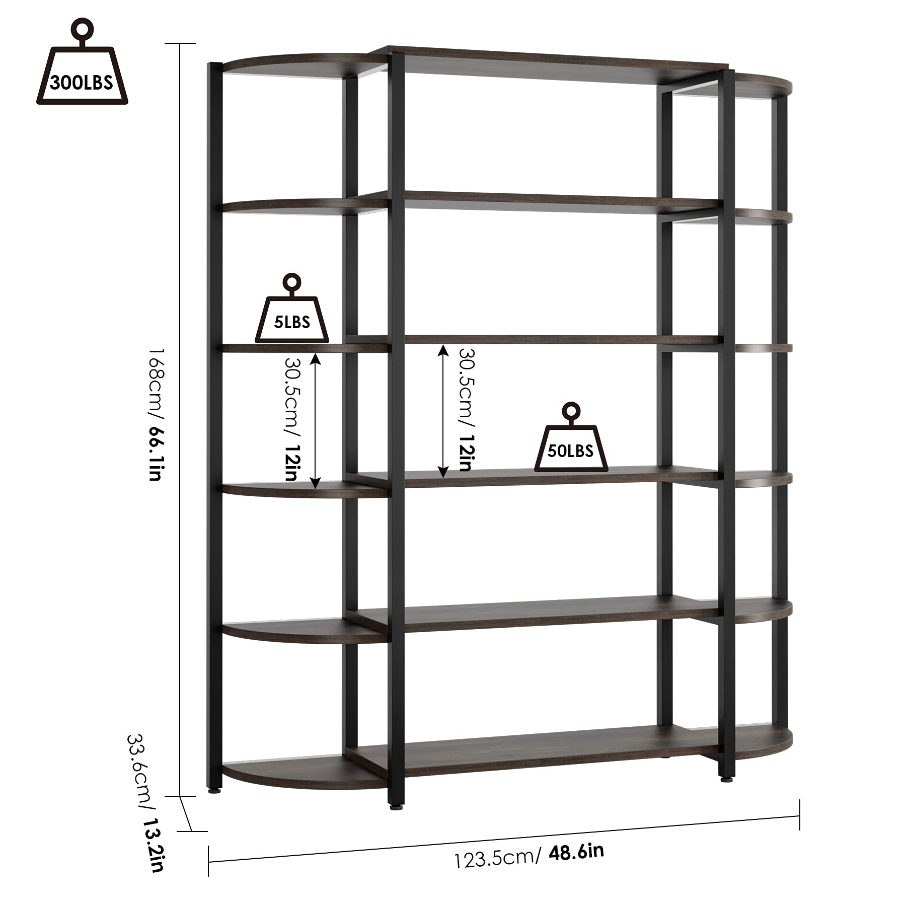 Triple Wide 6Tier Bookcase, Vintage Wooden Free Standing Bookshelf