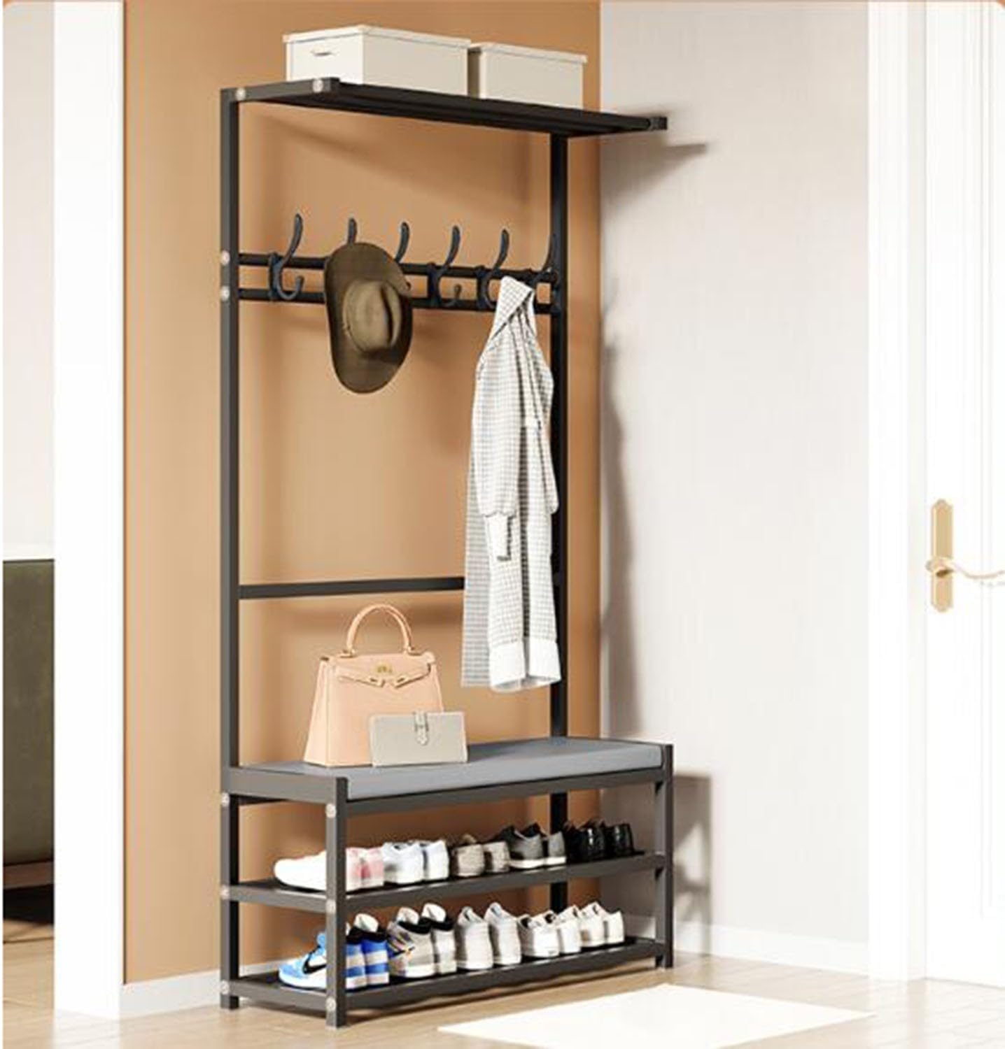 Industrial Hall Tree with Removable Hooks 2 Tier Shoe Stand and Bench Top Storage Free Standing Coat Rack Entryway Shelf for Living Room and Hallway