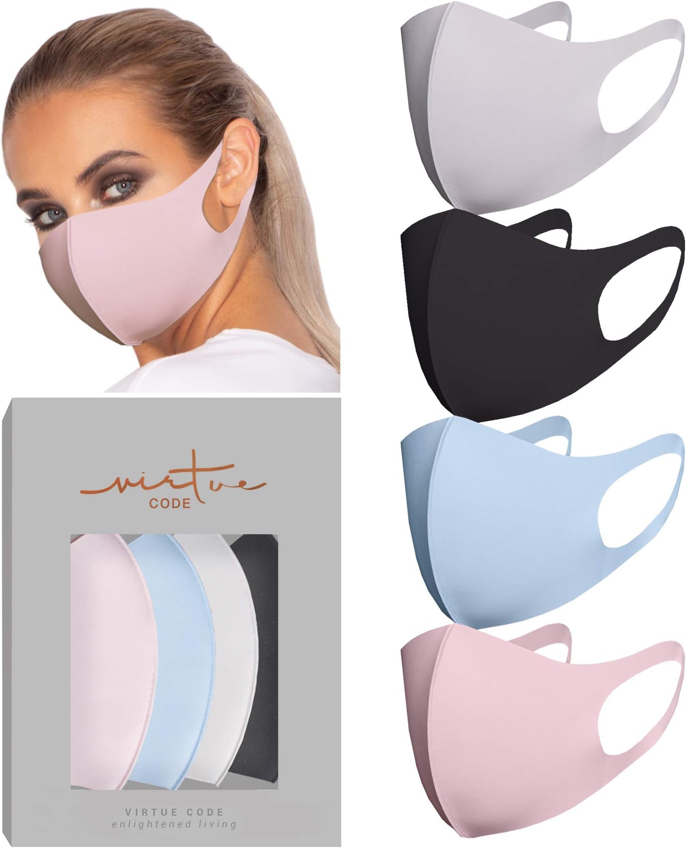 VIRTUE CODE 2nd Skin Fabric Mask Fabric Face Mask 4pcs Black Grey Pink Blue Washable Multi Pack