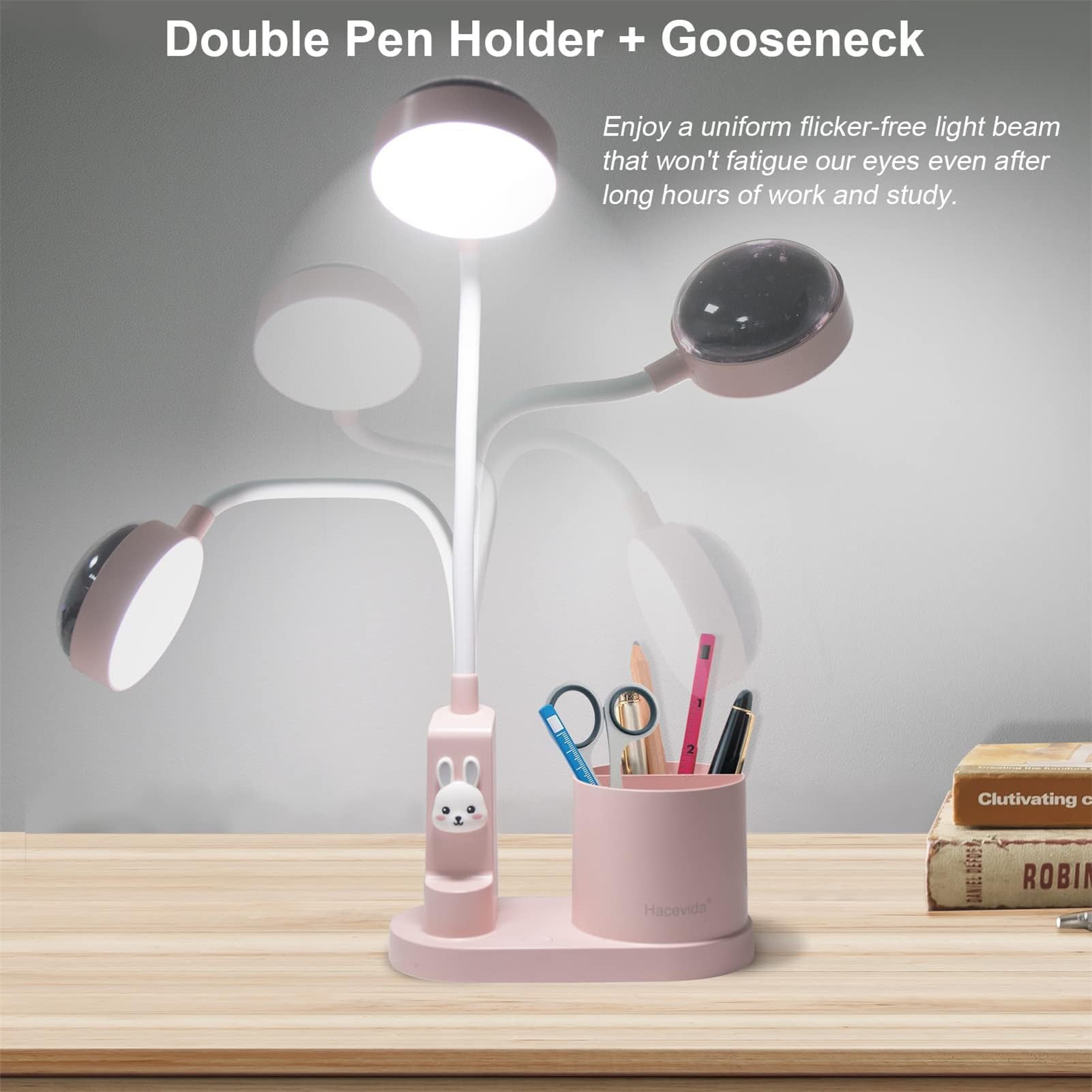 Lámpara de Escritorio LED, Flexo Infantil Niña 2000mAh Batería Recargable para Estudiar, Lámpara Escritorio Infantil USB 3 Niveles de Brillo, con Proyector de Estrellas y Portalápices, Rosa