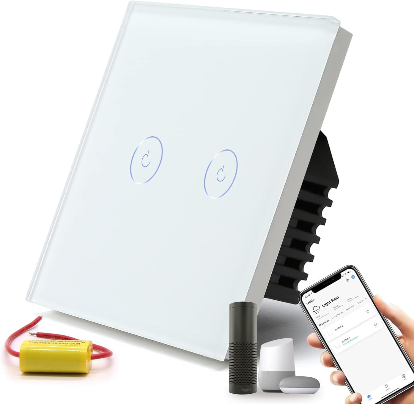 BSEED Smart WiFi Touch Wall Light Switch 2 Gang 1 Way White, No Hub Required, No Need Neutral Wire,with Alexa and Google Home,with APP Remote Control, Voice Control and Timing Function