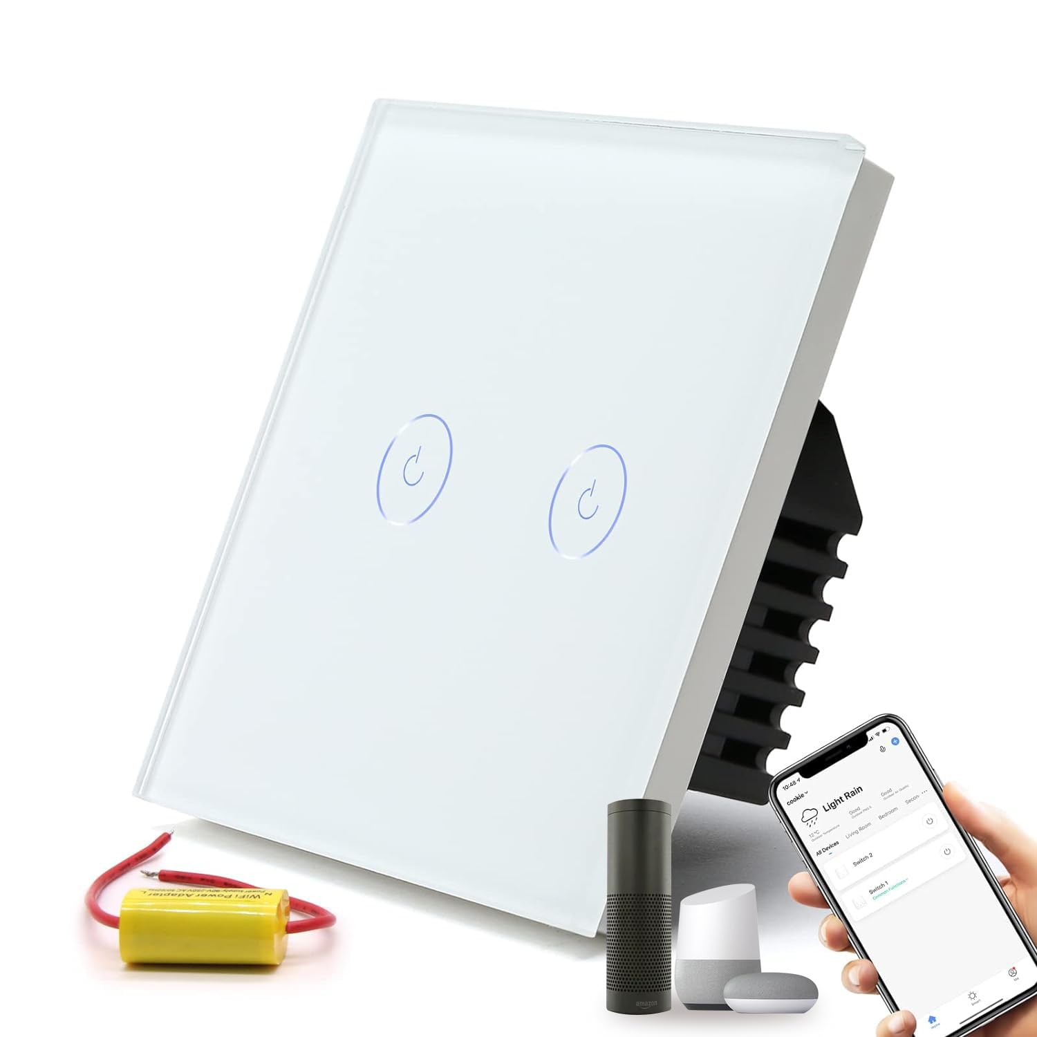 BSEED Smart WiFi Touch Wall Light Switch 2 Gang 1 Way White, No Hub Required, No Need Neutral Wire,with Alexa and Google Home,with APP Remote Control, Voice Control and Timing Function