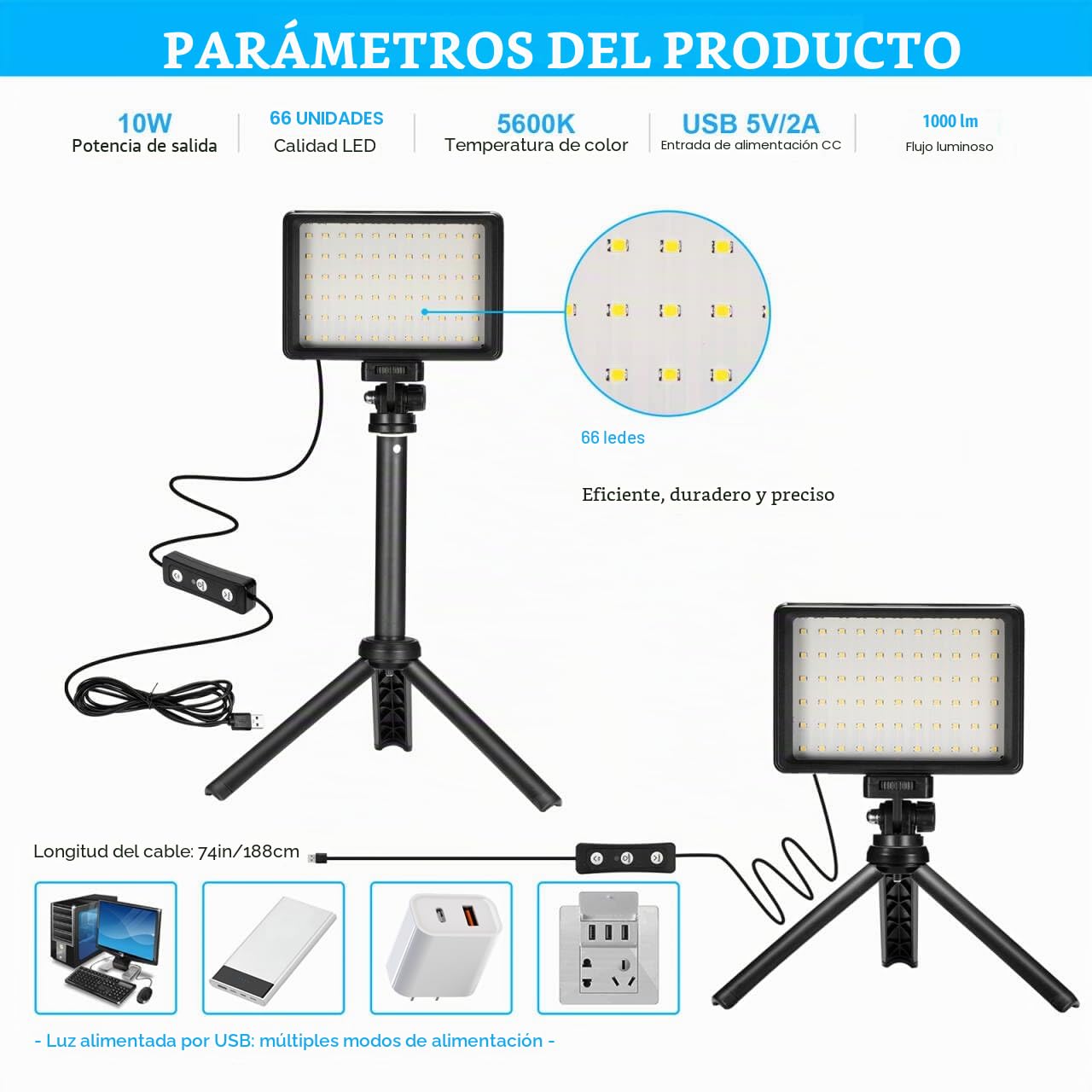 LED Video Light 2-Pack, 5600K Iluminacion Foco de Luz Fotografia USB con Mini Trípode y Filtros de Colores para Estudios, Tomas en Ángulos Pequeños, Grabación de Video, Transmisión de Juegos