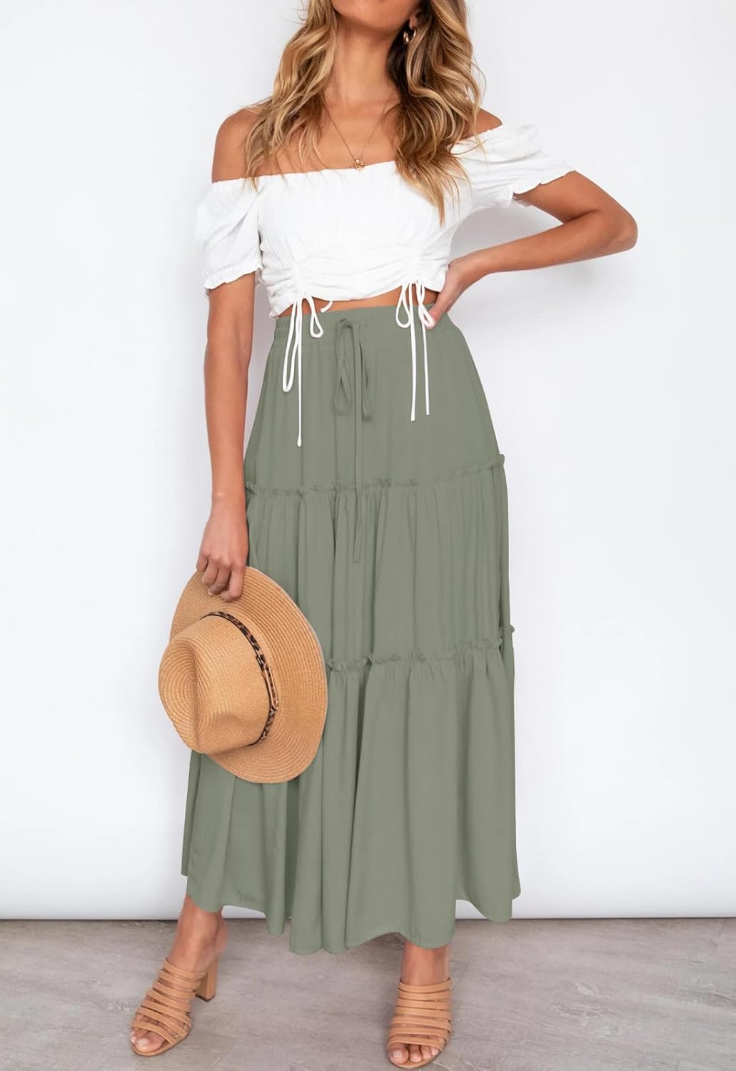 HAEOF Womens Summer Flowy Boho Maxi Skirt Elastic High Waist A Line Pleated Tiered Trendy Beach Long Skirts with Pockets - Image 2