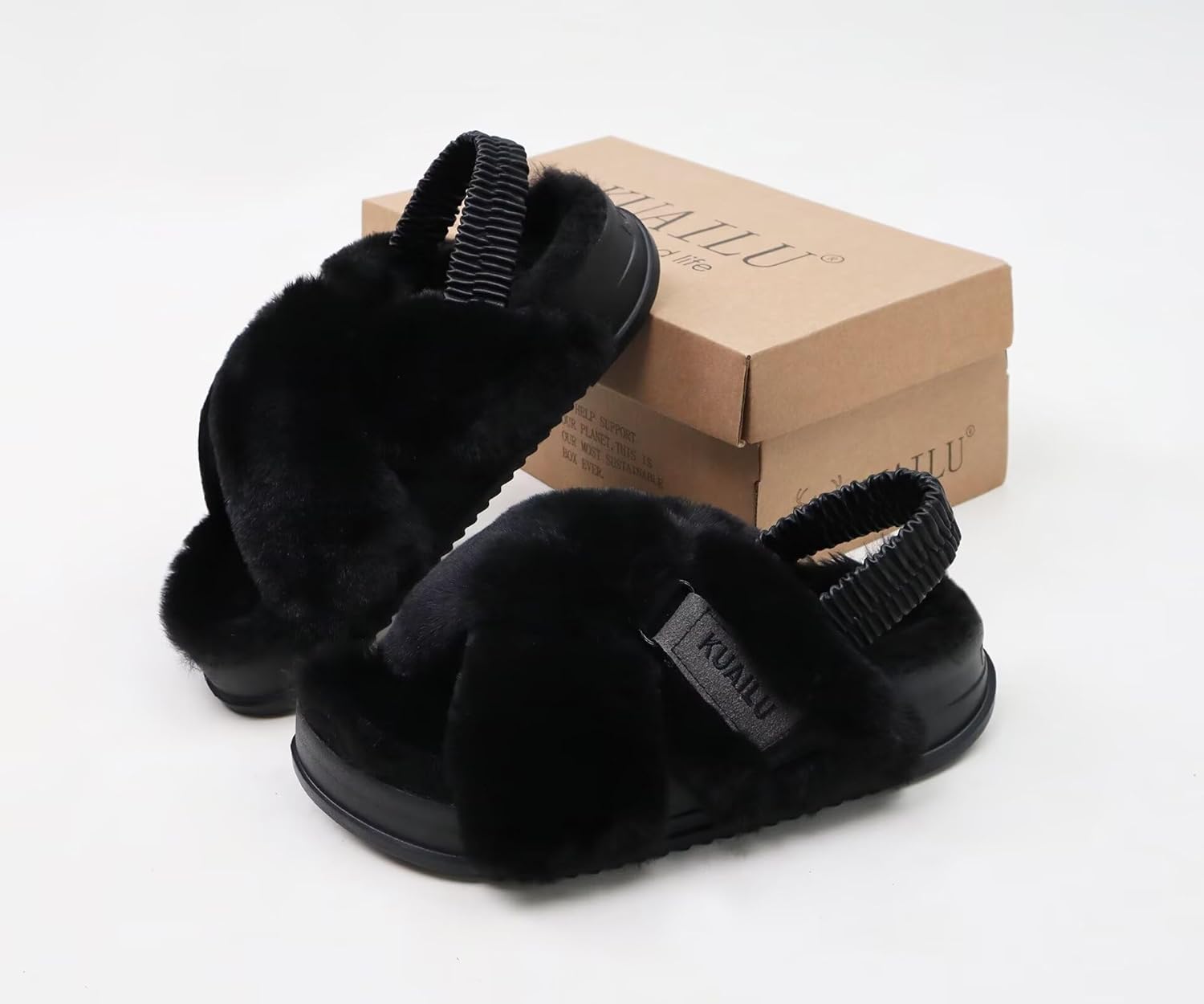KuaiLu Womens Fuzzy Criss Cross Band Platform Slippers Arch Support Furry Faux Fur Ladies Open Toe Cozy Soft Plush Fleece Comfy House Shoes Sandals - Image 9