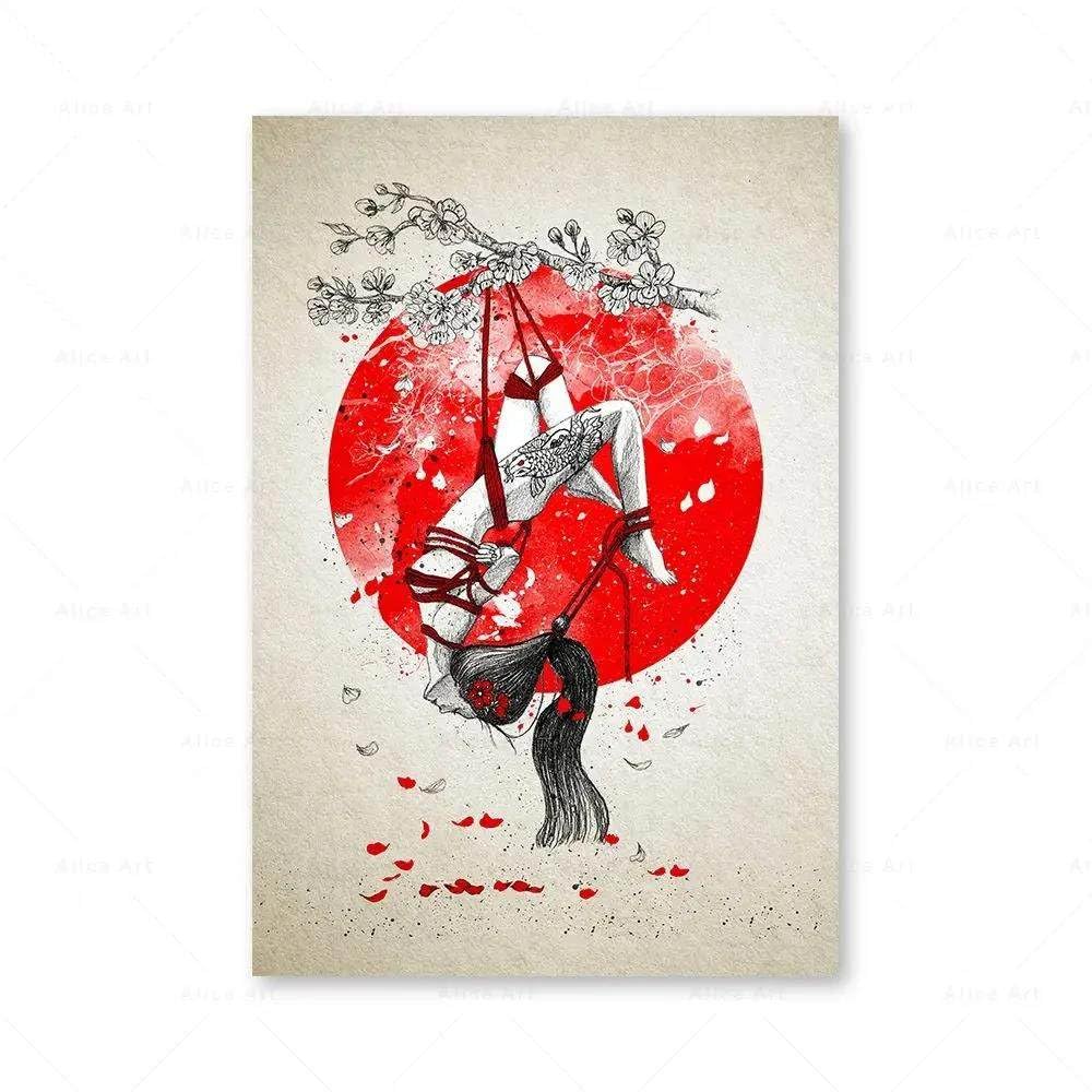 WSJIJY Impresión De La Lona Cuadro Decorativo sobre Lienzo, Imágenes Artísticas De Pared para Dormitorio, Decoración del Hogar, Impresiones De Bellas Artes Japonesas Shibari, Póster De Mujer Geisha,