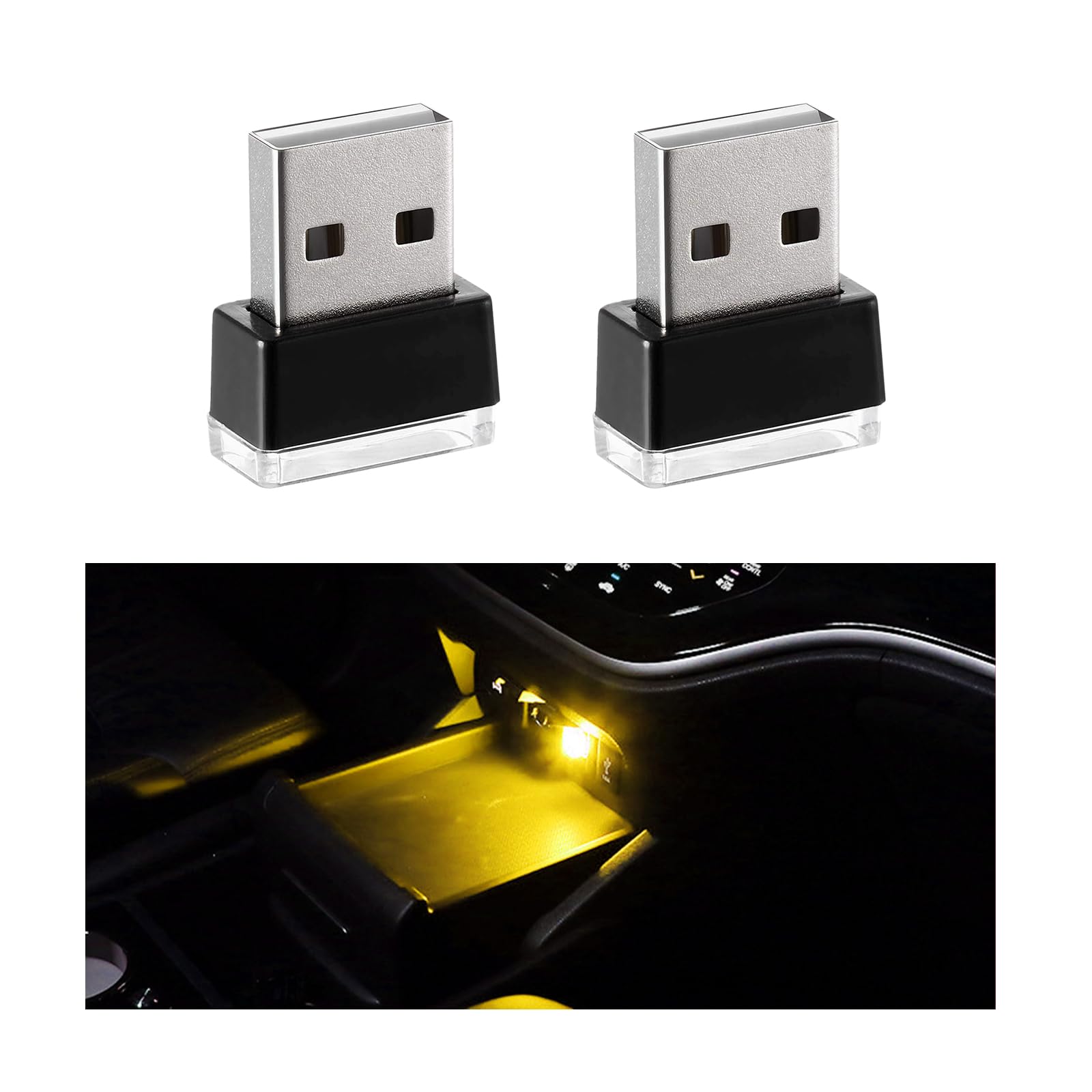 Sylvil 2 PCS USB LED Car Interior Atmosphere Lamp, Portable Mini LED Night Light, Plug-in USB Interface Trunk Ambient Lighting Kit, Universal Interior Car Accessories (Yellow) — image 1