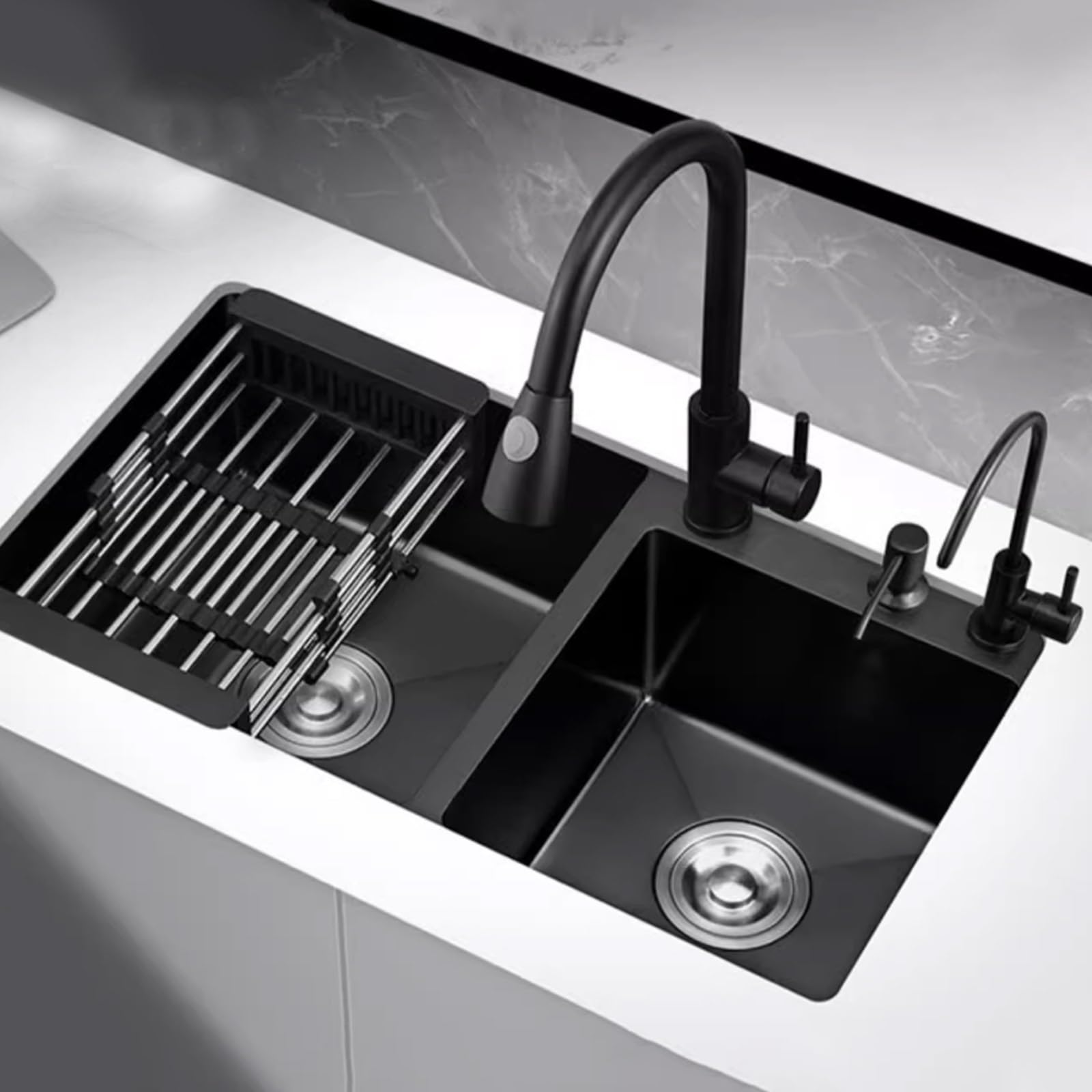 Fregadero De Cocina De Dos Senos Fregadero De Acero Inoxidable Negro Fregadero De Cocina Grifo Extraíble Negro Accesorios Completos(82x45x22cm)