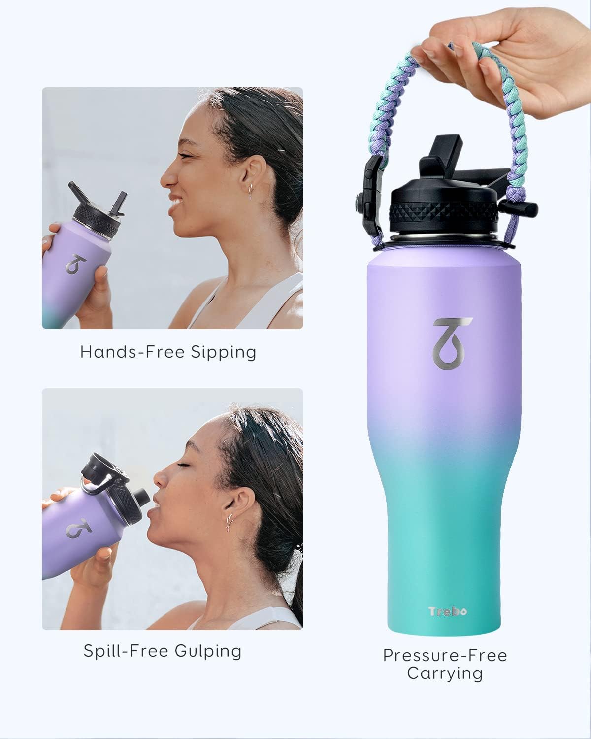 Trebo 40oz Insulated Water Bottle that Fits in Cup Holder, Stainless Steel Double Wall Tumbler Bottles with Paracord Handle, Flask with Straw Spout Lids, Keep Cold for 48 Hrs/Hot 24 Hrs,Cotton Candy - Image 4