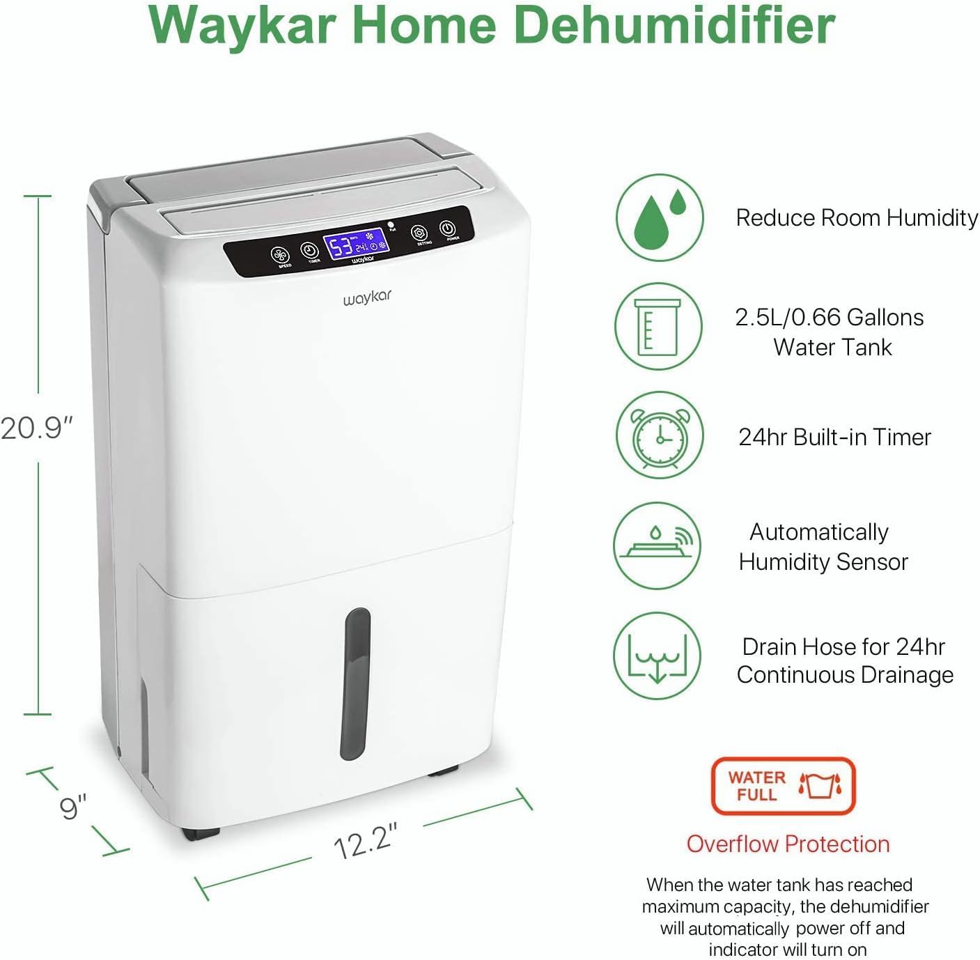 Waykar 34 Pints Energy Star Dehumidifier for Spaces up to 2,000 Sq. Ft at Home, in Basements and Large Rooms with Drain Hose and 0.66 Gallons Water Tank