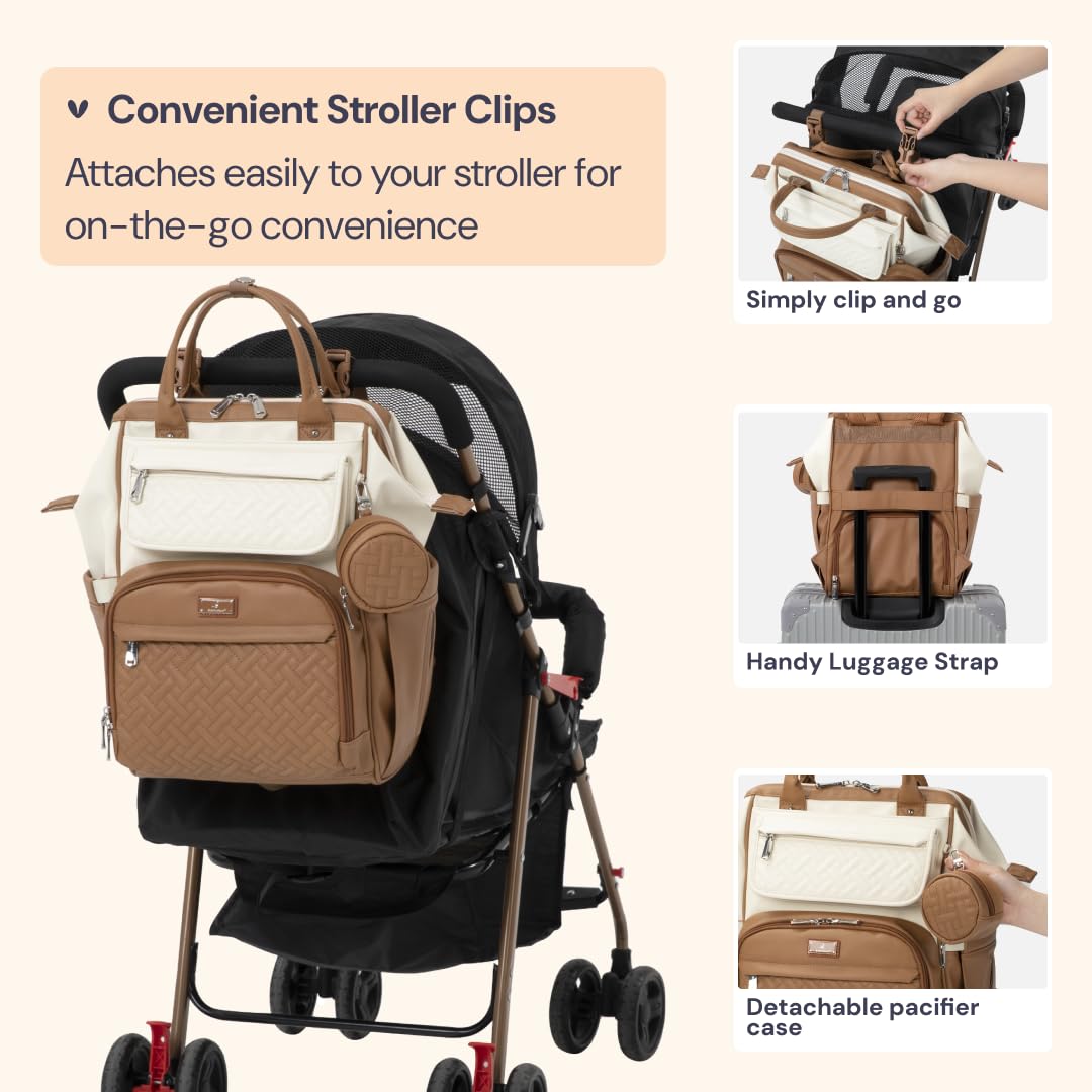 BabbleRoo Leather Diaper Bag Backpack, Multifunction Large Bags with Changing Pad & Stroller Straps & Pacifier Case, Unisex Stylish Travel Back Pack Nappy Changing Bag for Moms Dads (Caramel Cream) - Image 6