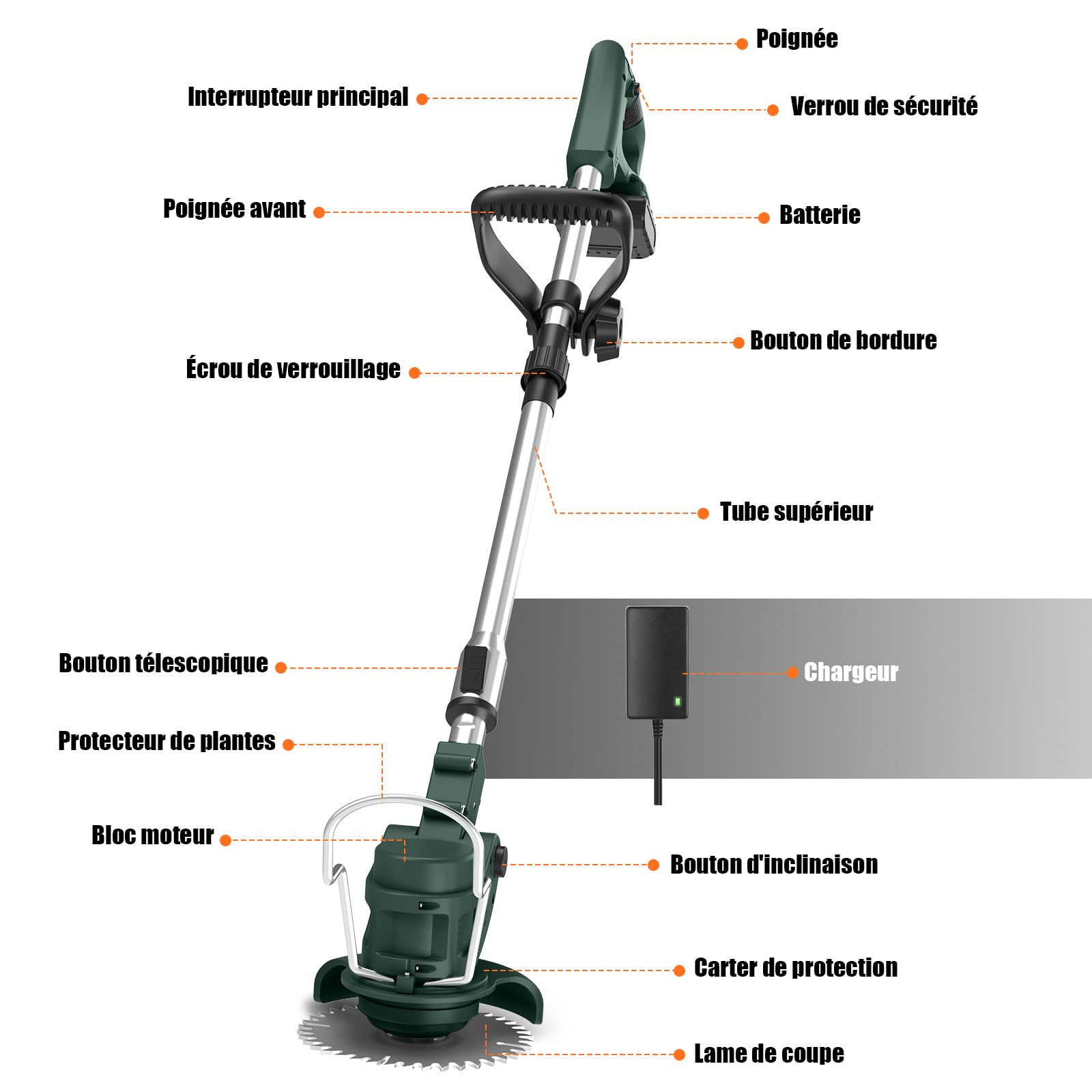 Coupe Bordure sans Fil avec Batterie Pliable 60cm, Debroussailleuse Electrique 2 Batterie 21V