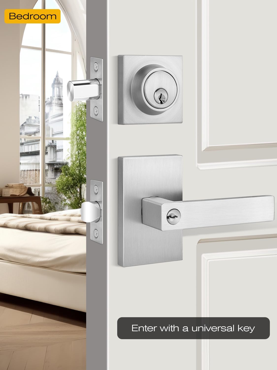 EHOMEWARE 1 Pack Deadbolt Lock and Door Knob Set, Brushed Nickel Door Handles Interior, Entry Door Handle with Single Cylinder Deadbolt, Keyed Alike Lever Door Lock Set, Left/Right Reversible