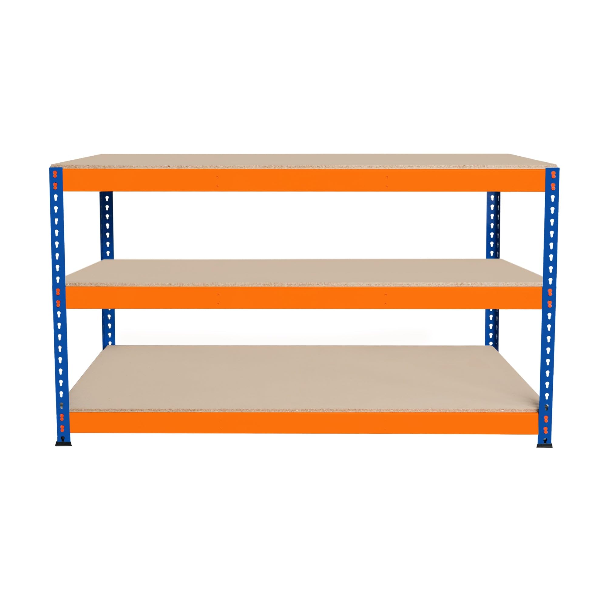 Monster Racking Blue Garage Workbench S-Rax 3 Shelf 150Cm X 60Cm X 90Cm Workstation Heavy Duty Steel Chipboard 300Kg Capacity Per Shelf Adjustable Layout Boltless Assembly Rubber Feet 2 Reinforced Support Bars Warehouse