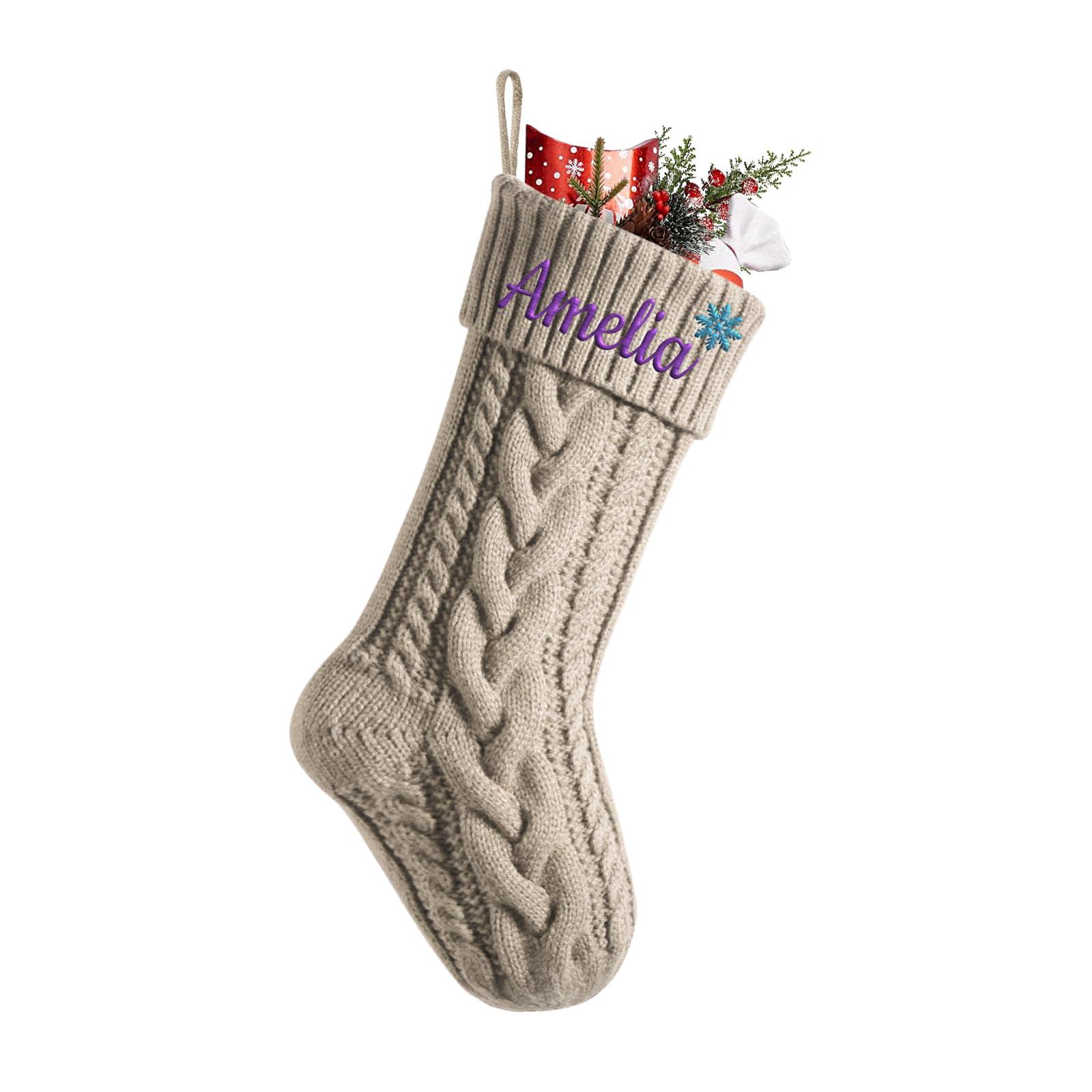 Cysincos Personalized Christmas Stockings Custom Name Family Christmas Stockings 18" Large Knitted Xmas Fireplace Hanging Stocking, Stocking for Holiday Family Party (Linen) — image 1