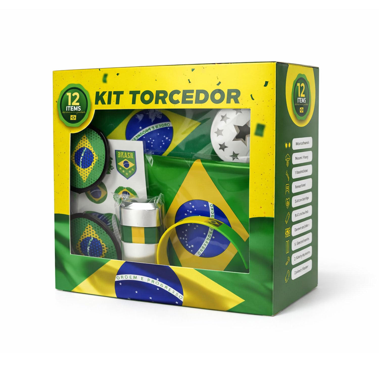 Kit Torcedor Brasil Copa do Mundo 2026 – 12 Peças Completo com Calendário de Jogos, Pintura Facial Hipoalergênica, Bandeira, Óculos, 2 Bastões Infláveis, Corneta e Caixa Presente – Em Busca do Hexa!