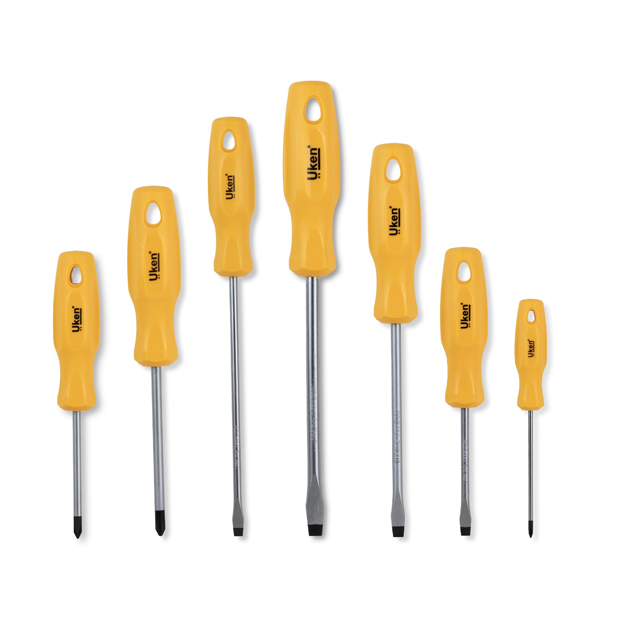 Uken Yellow 7-Piece Screwdriver Set (Yellow) | Chrome Vanadium Steel | Magnetized Tips | Ergonomic Soft Grip Handle | Hardened & Tempered Blade