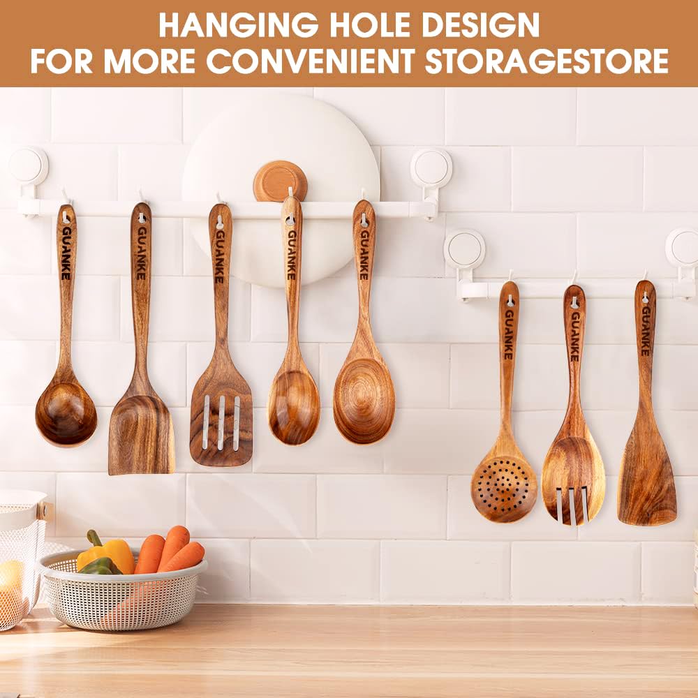 GUANKE Cucharas de madera para cocinar, juego de utensilios de cocina de madera de teca con soporte y soporte para cucharas, cucharas de madera lisa, utensilios de cocina antiadherentes, cucharas de
