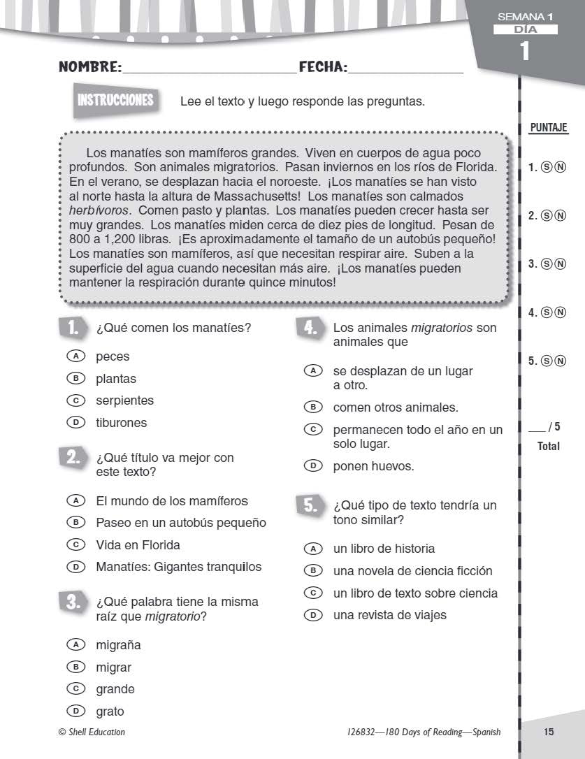 180 Days(tm): Reading for 4th Grade Spanish Practice Workbook for Classroom and Home, Cool and Fun Practice Created by Teachers (180 Days of Practice) (Spanish Edition) - Image 5