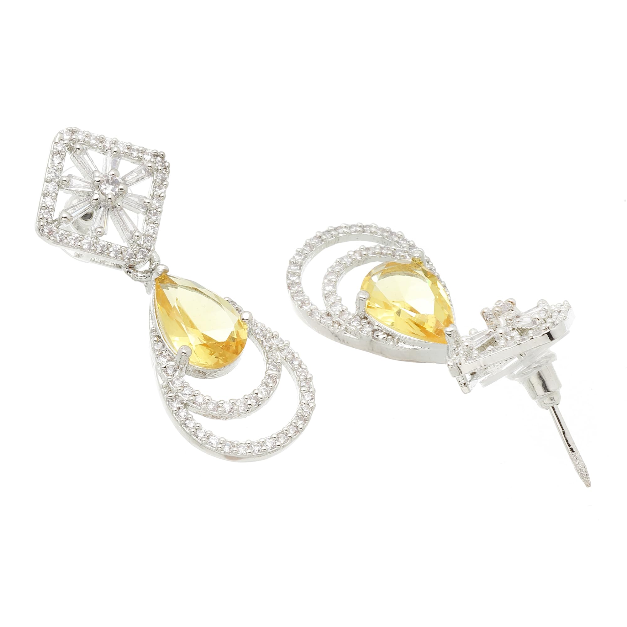 Rhodium-Plated American Diamond Teardrop Drop Earrings