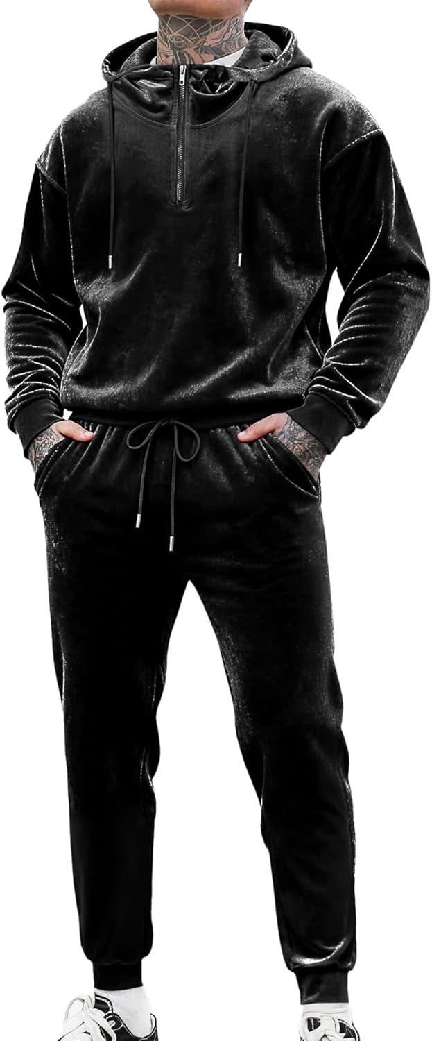 LecGee Mens Velvet Tracksuit Quarter Zip Pullover Hoodie and Joggers Sweatpants Casual Velour Sweatsuit Set
