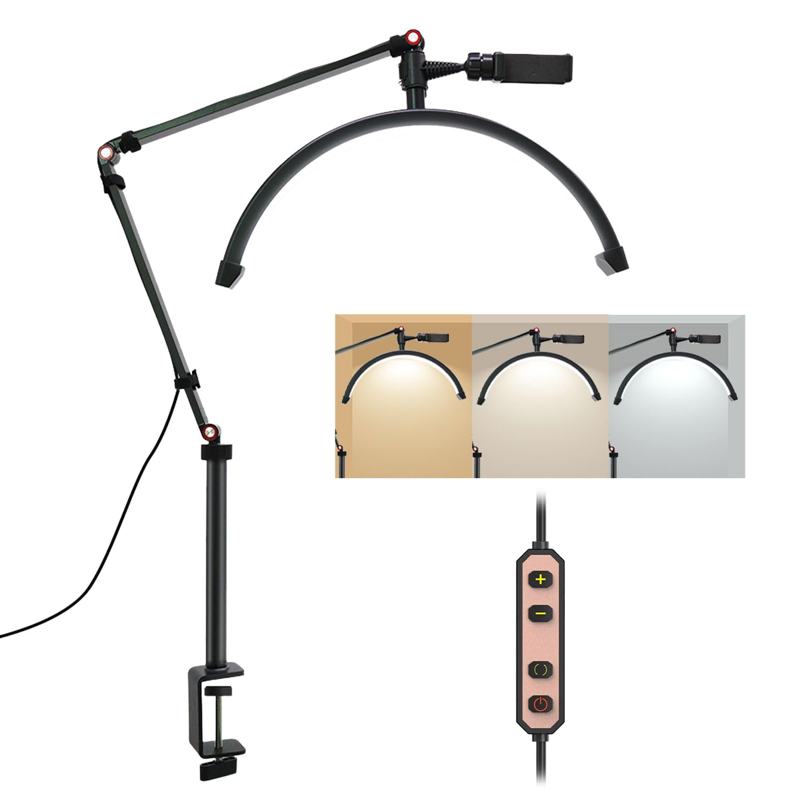 ErinaikLED Lash Light Lash Lamb for Eyelash Extension, Half Moon Eyelash Lamp with Phone Holder for Makeup Nail Art Tattoo Skincare-Adjustable Height Brightness and Color Temperature 3000K-6000K