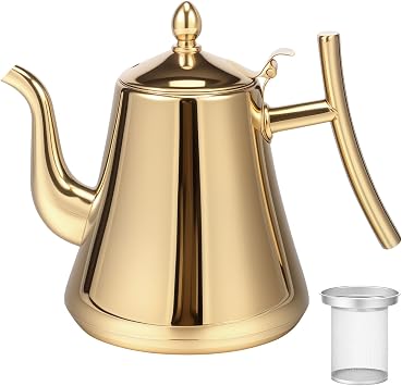 Stainless Steel Teapot 1.5L Large Capacity Coffee Servers Tea Kettle with Removable Strainer Ergonomic Water Pot for Induction Cookers Gas StovesGolden