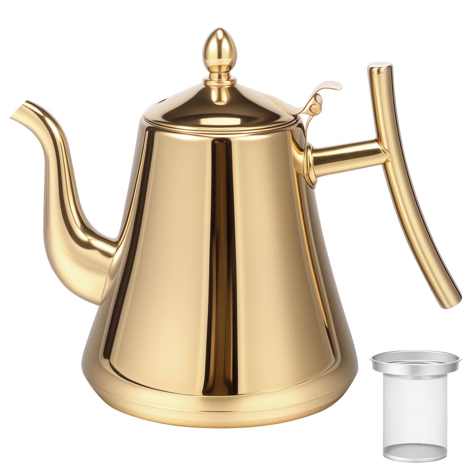 Stainless Steel Teapot, 1.5L/53Oz Water Kettle with Removeable Infuser, Coffee Pot Tea Warmer with Detachable Filter for Loose Leaf and Tea Bag(Gold)
