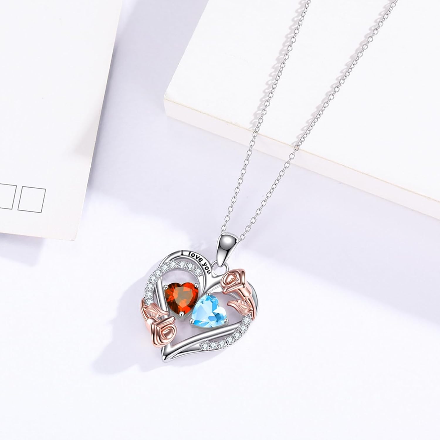 Birthstone Necklace for Women Mom, Heart Pendant Necklace, Birthday Rose Flower Necklace,Mothers Family Birth Stone Jewelry, Anniversary Birthday Gift for Wife Her - Image 3