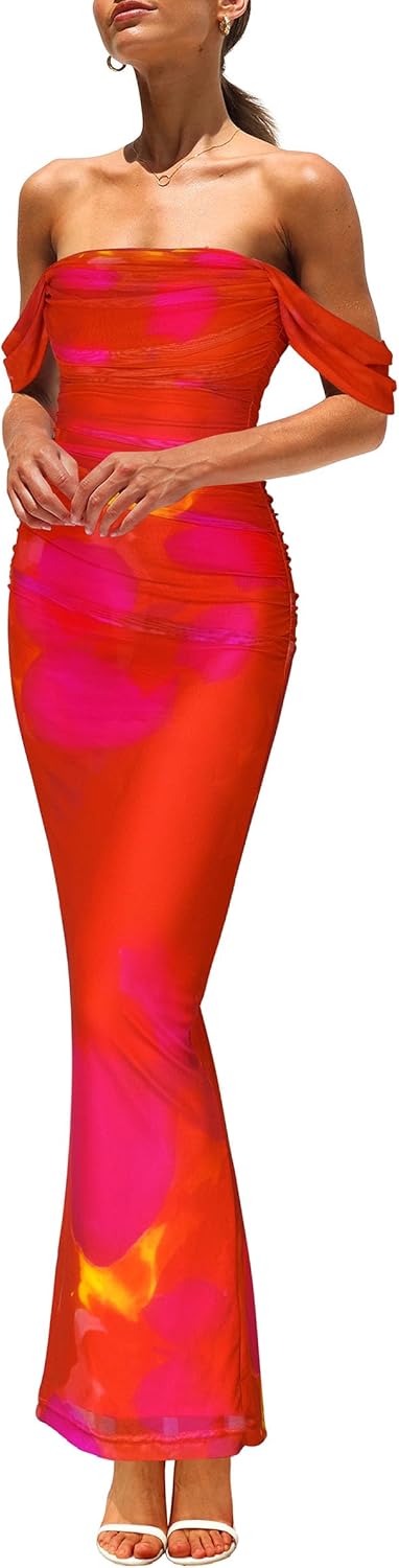 PRETTYGARDEN Cocktail Dresses for Women 2026 Summer Floral Off Shoulder Ruched Mesh Elegant Wedding Guest Maxi Dress