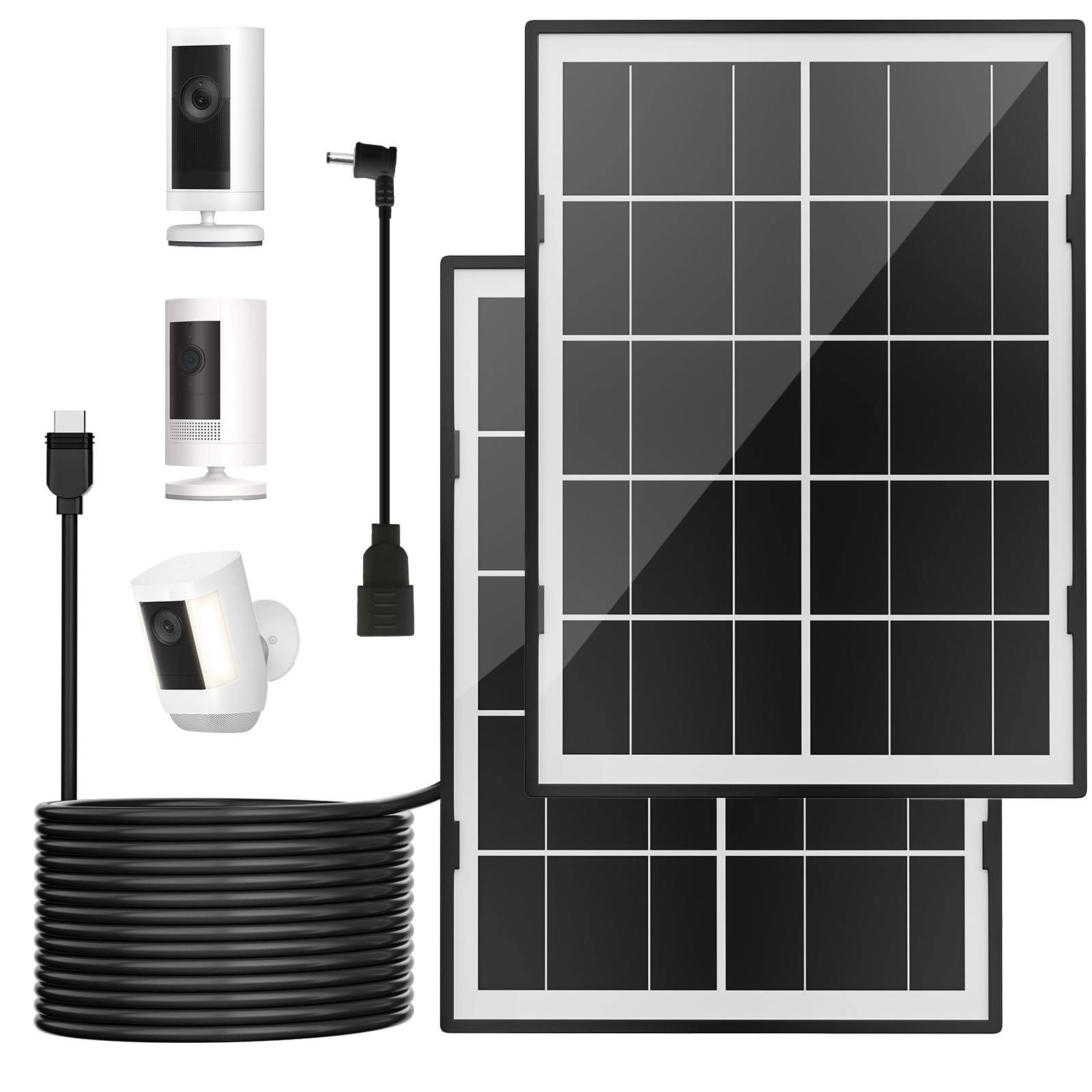 Pannello solare da 7 W per fotocamera ad anello, caricabatterie solare per Stick Up Cam, Stick Up Cam Pro, Spotlight Cam Plus/Pro, con cavo lungo impermeabile da 3 m e adattatore da USB-C a barile