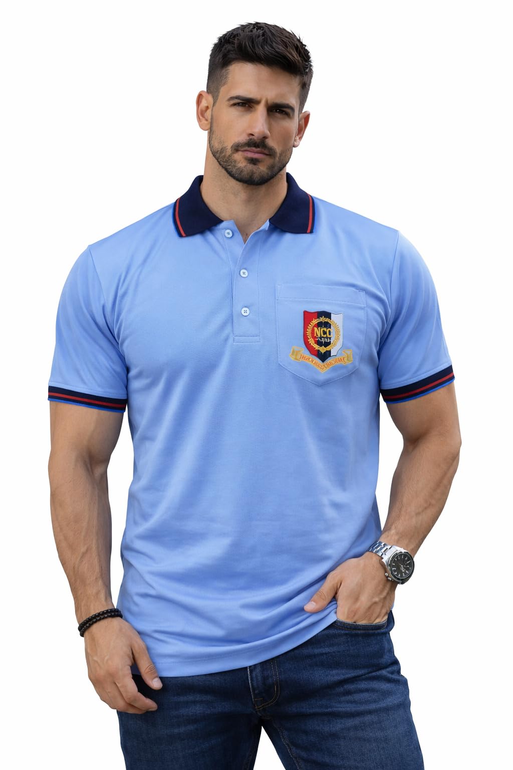 NCC Polo T-Shirt for Men, White, Cotton Blend, Embroidered Logo, Contrast Stripe Tipping, National Cadet Corps Back Print-image-44