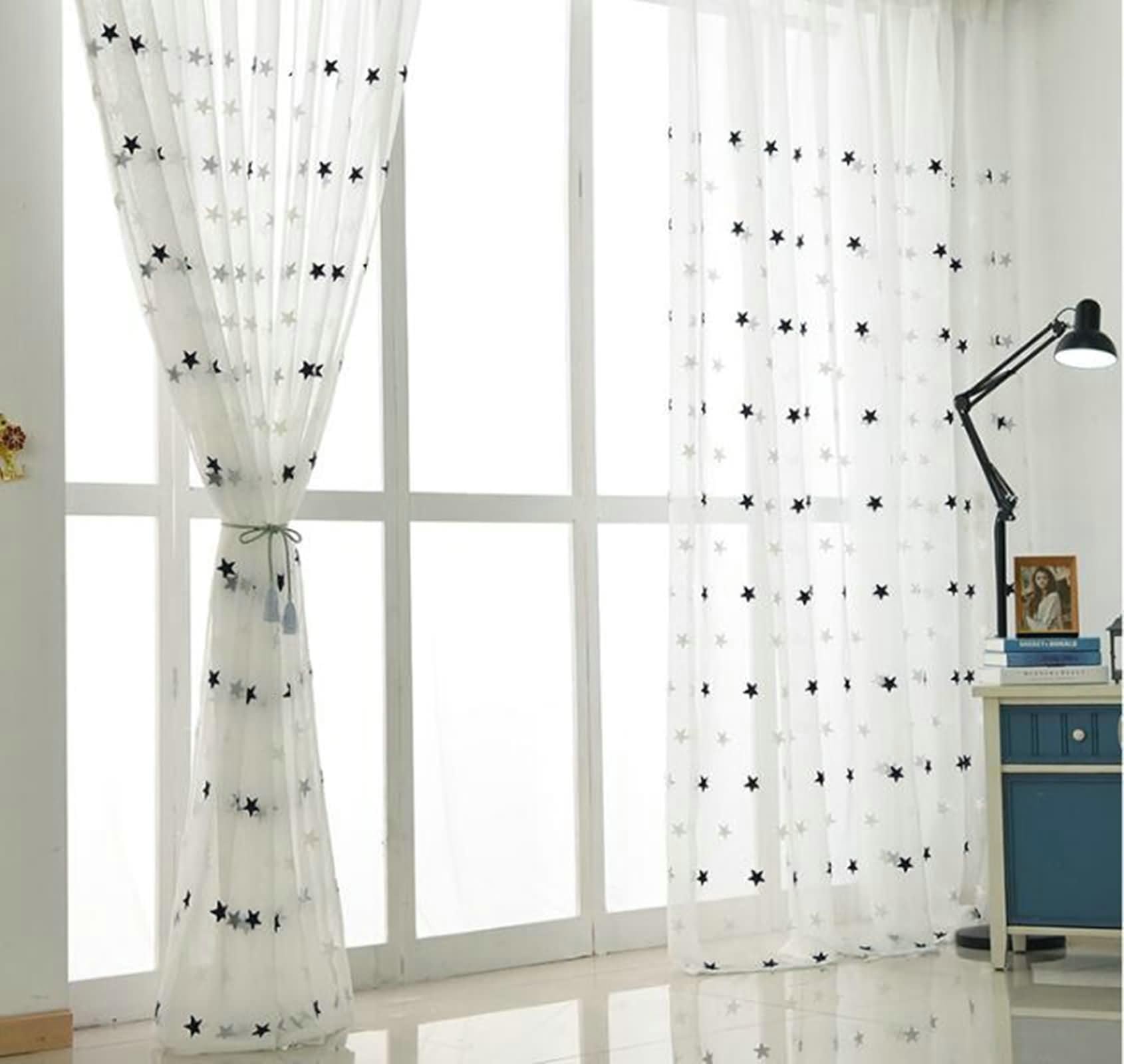 Gardinen Vorhänge Stern Bestickt Transparent Blau und Weiß 214 Höhe, Polyester Transparent Vorhang 2 Stück Ösen für Schlafzimmer, H214 x B132 cm