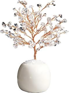 Office & Table Decor Tree, Natural Clear Crystal, 5.5-5.9 In Ornament, Hand-Woven Metal Trunk & Ceramic Base, Gift