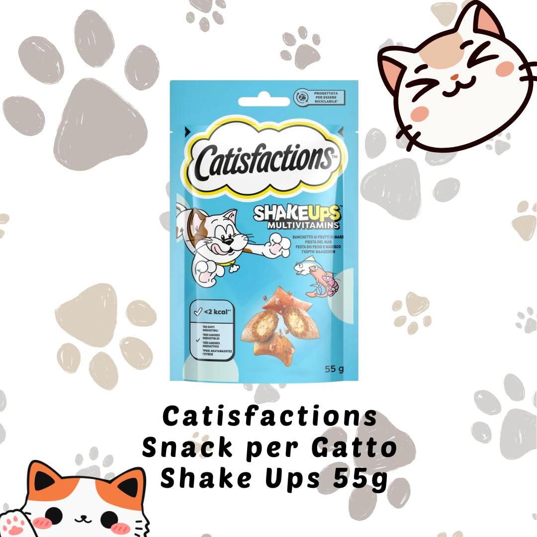 Snack para gatos Catisfactions ShakeUps, snack para gatos adultos y cachorros sabor mariscos | 6 paquetes de 55 gramos cada uno.