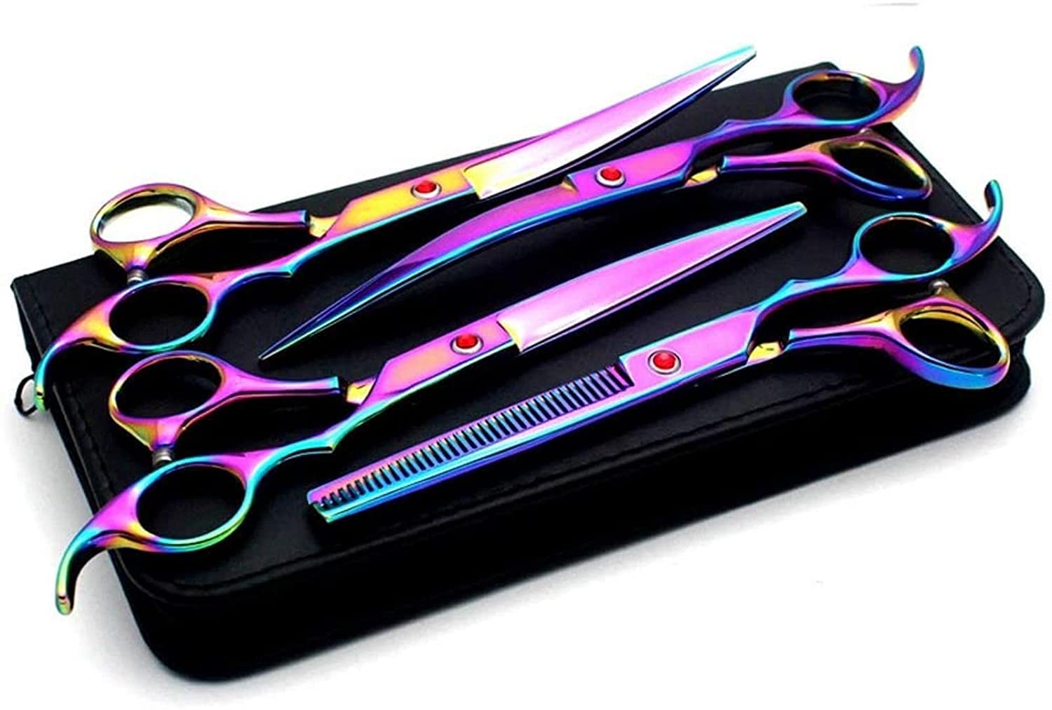 Tijeras Peluqueria Canina, Traje de tijeras curvas de acero inoxidable de 7 pulgadas de arco iris con unas tijeras de adelgazamiento curvado y conjunto de peine de acero