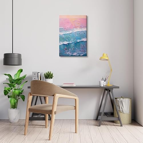 Miniatura 3 de Póster de pintura de surf vintage, gente pequeña, arte abstracto de olas del océano, arte de pared costero rosa y azul, impresión en lienzo de moda