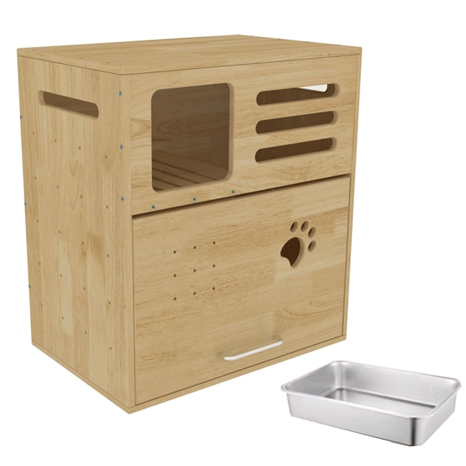 Mobile Gatto Multifunzione Cat Cabinet Litter Box Legno Di Caucciù Da 15 Mm Dotato Di Canale Di Drenaggio for La Sabbia for Gatti Con Porta E Divisorio Separato Step Armadietto(63 * 43 * 70cm)