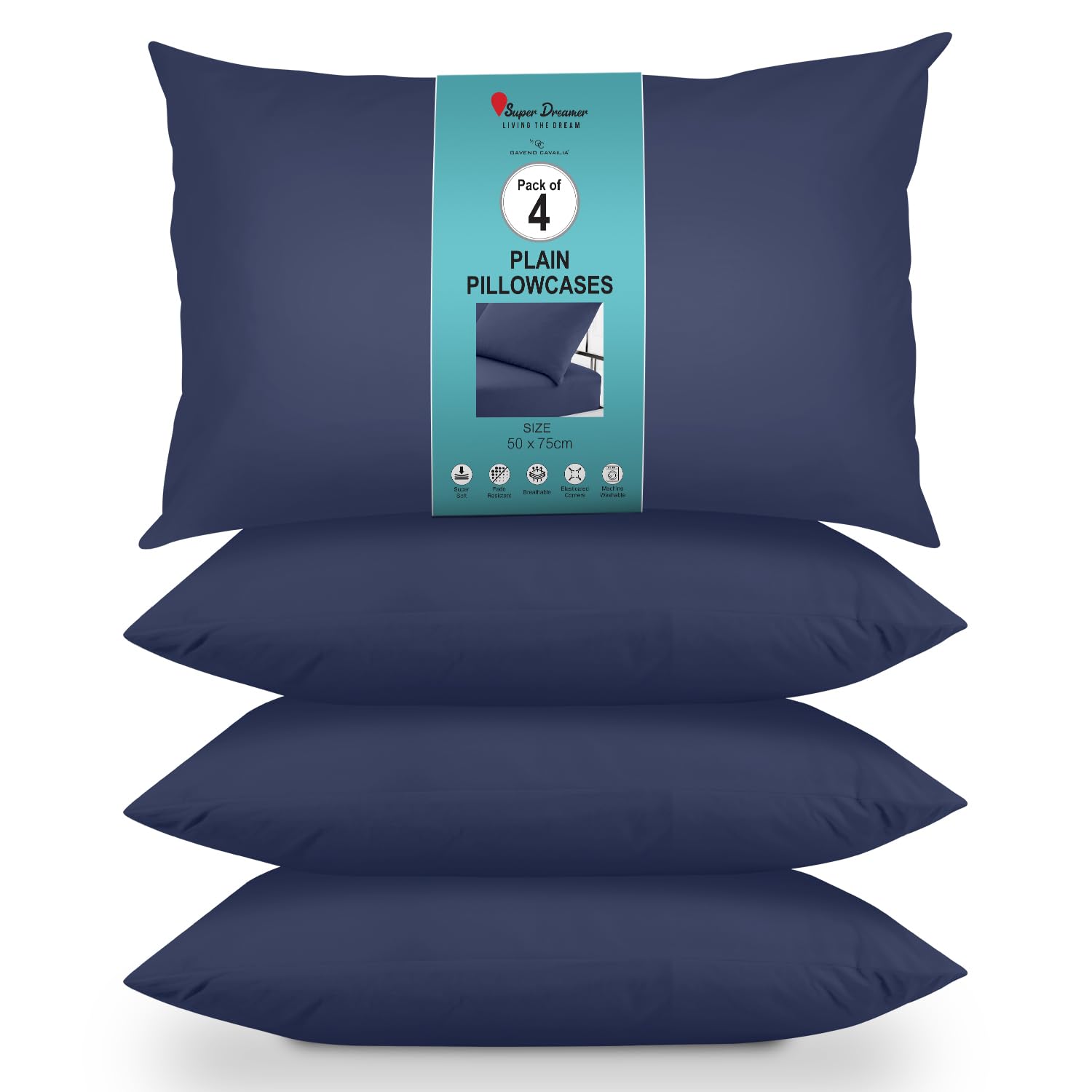 GC GAVENO CAVAILIA Housewife Pillowcases 4 Pairs - 100% Microfibre Bed Pillow - Standard Size 75x50 cm - Hypoallergenic Pillowcase - Envelope Closure - Wrinkle, Fade & Stain Resistant - Navy