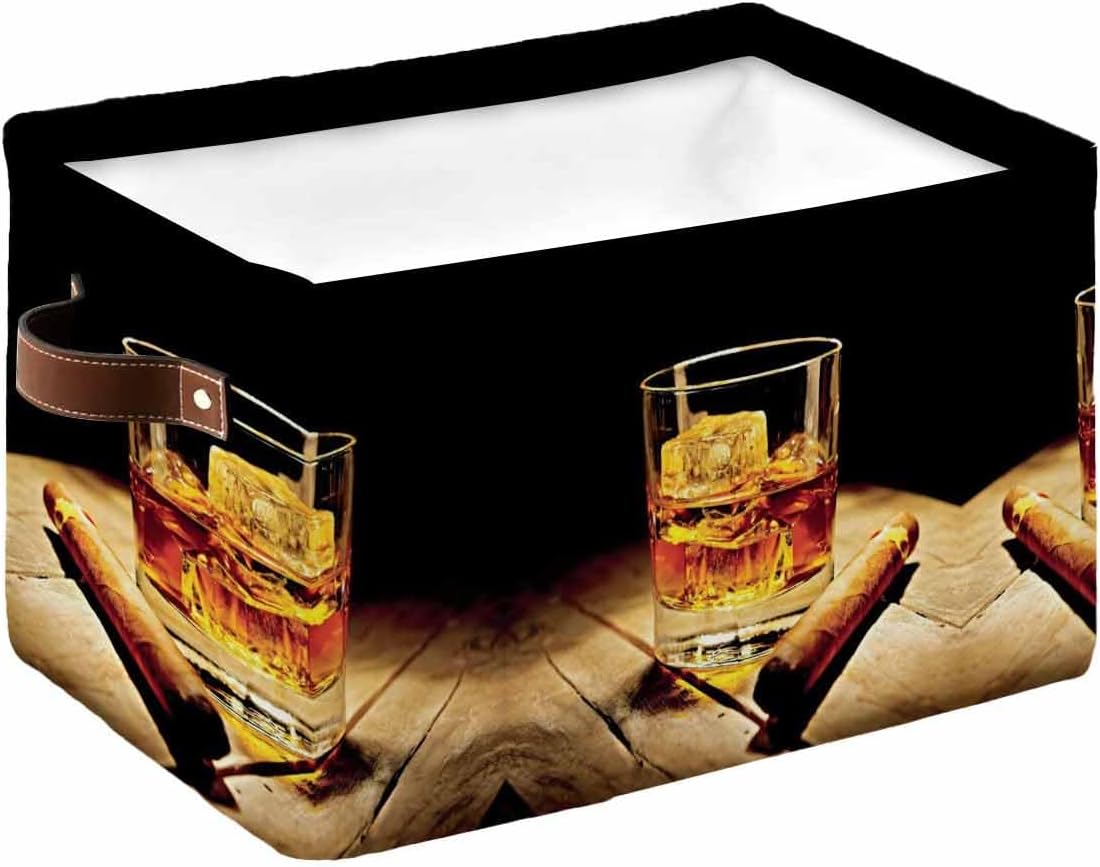 Storage Bins Large Storage Basket, Cigarettes Whiskies Alcoholic Cognac Collapsible Storage Bins with Handle, Farm Wood Grain Storage Baskets Cube Organizer for Shelves Closet Nursery, 2PCS