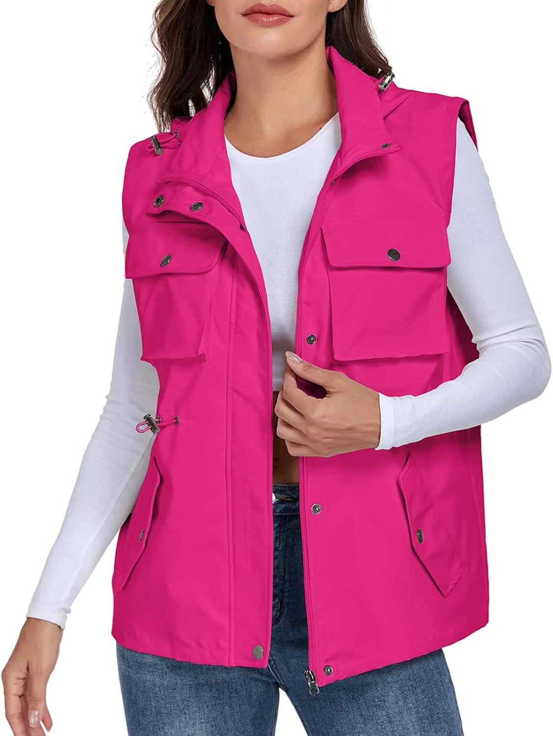 Women's Military Utility Vest Sleeveless Drawstring Jackets Waterproof Cargo Vest Outerwear with Removable Hood