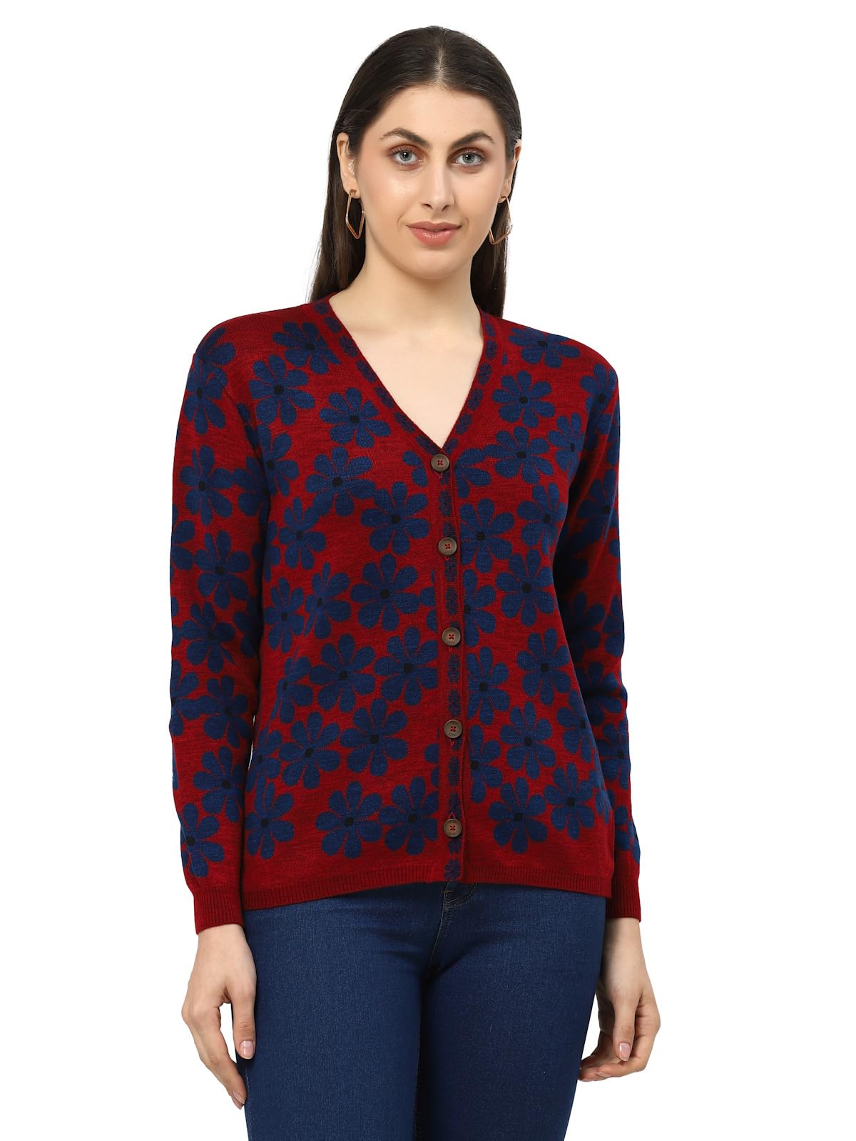 Women Full Sleeves V Neck Floral Design Acrylic Jacquard Cardigan Sweater-image-14