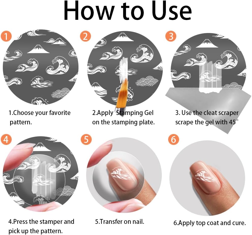 PH PandaHall 3pcs Sea Wave Nail Stamping Plates Japanese Style Nail Art Templates Cherry Blossom Manicure Art Stencils Fish Crane Nail Image Plates for Women Manicures Salon DIY Printing Design