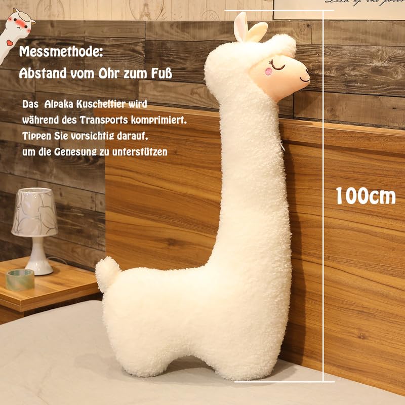 100cm Alpaka Kuscheltier, Alpaka-Plüschtier mit langem Hals, Weiches Alpaka-Kissen-Stofftier, Long Neck Plüschtier, Nettes Alpaka-Plüschtier, Sofakissen Kissen Cartoon Gefüllte Puppen (Braun, 100cm)