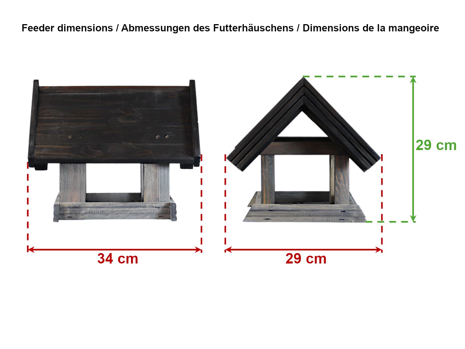 Mangiatoia per uccelli in legno di pino fatto a mano, resistente alle intemperie, 34 x 29 x 29 cm, per balcone, terrazza, giardino, casetta per uccelli per cinciine, fringuelli, passeri, prodotto