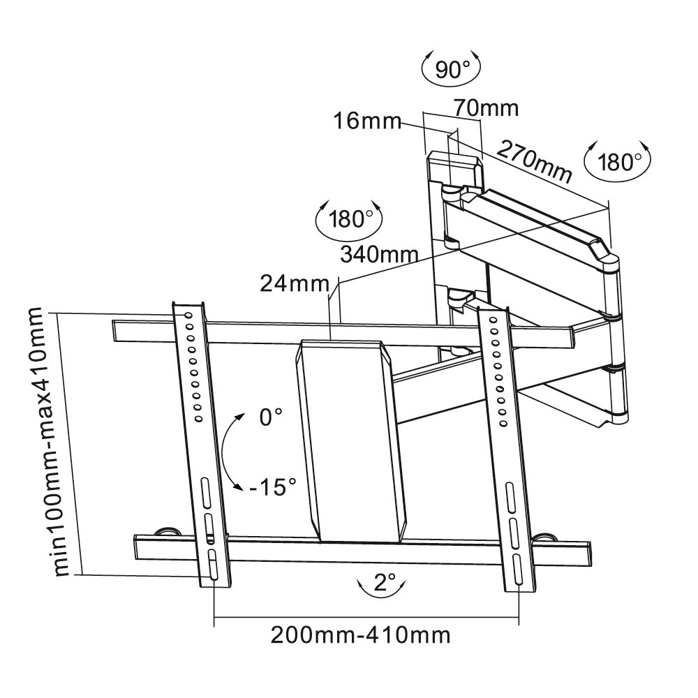 PureMounts SLIMFLEX-65 montaggio a parete per televisori con 71-165 cm (28-65"), VESA 600x400, inclinabile: -15, orientabile: 180, distanza dal muro: 36-600 mm, carico massimo: 25 kg, nero