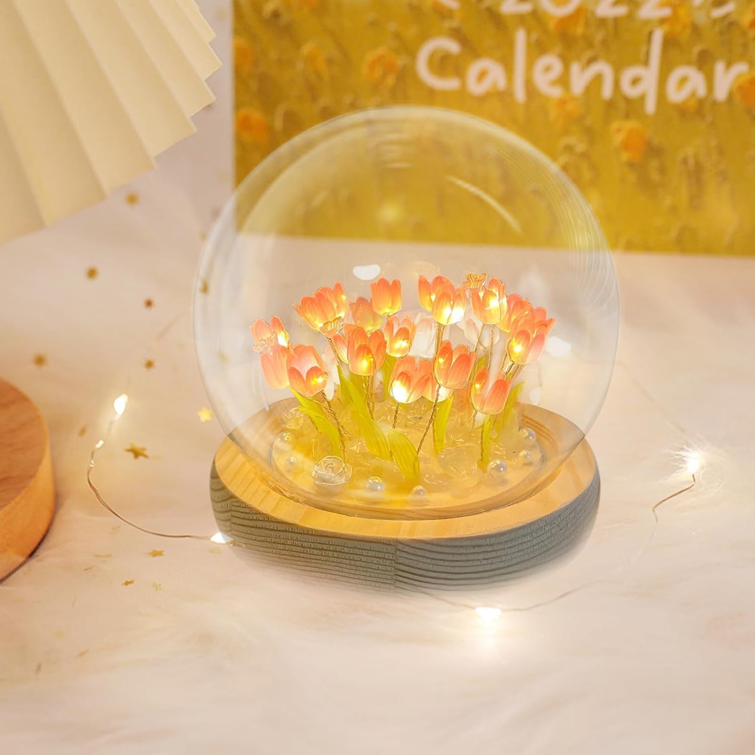 CARTSHOPPER DIY Pink Tulip Night Light, DIY Cute Flower Night Light, Handmade Gifts, Simulation Flower, Bedroom Sleeping Lamp, Glass Flowers Decor Lamp, for Women, Birthday, Anniversary, Mother's Day 1