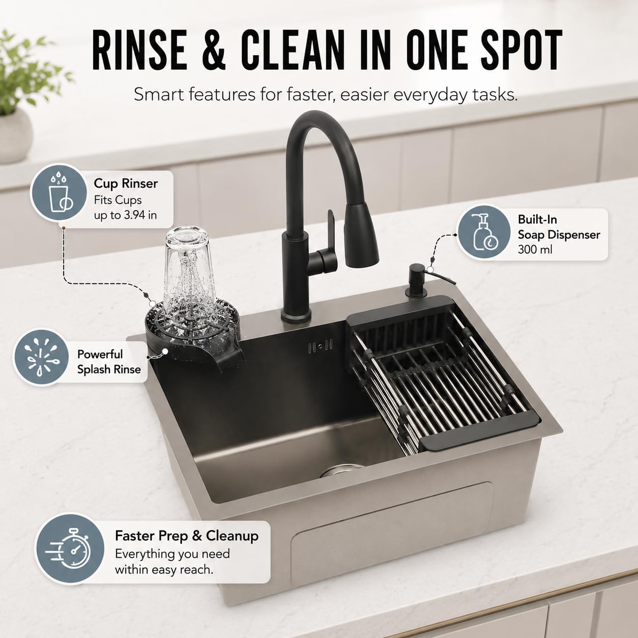 Lavello da cucina in acciaio inox, 1 vasca, 45 x 40 cm, con rubinetto estraibile, lavello da incasso con lavacalici, cestello scolapiatti e dispenser di sapone, per ristoranti, caffè, bar e hotel